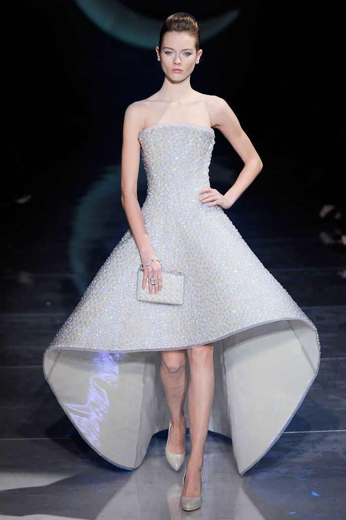white silk strapless fitted pleated embellished shiny gown
