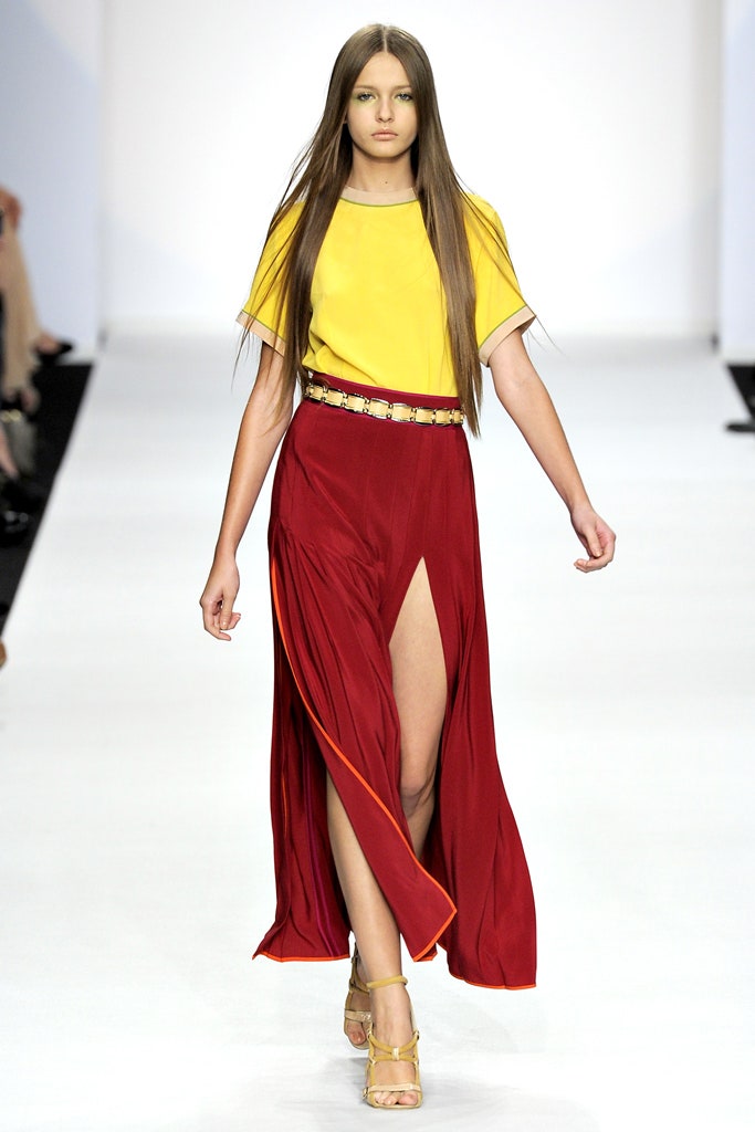 red slit fitted high-waisted pleated midi skirt