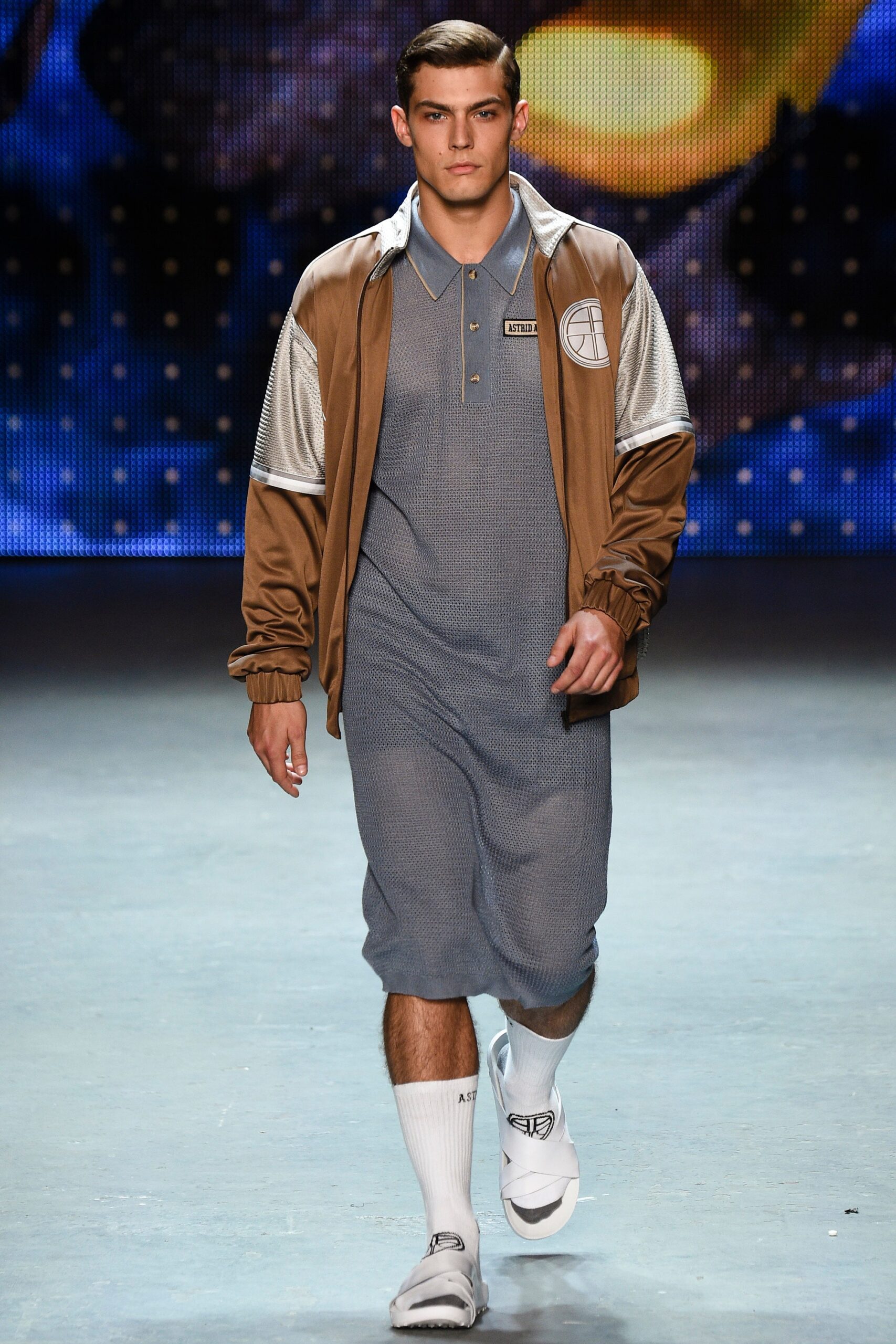 brown jacket gray dress