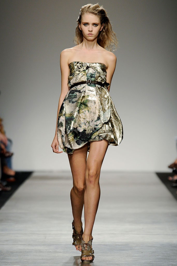 gold and green strapless mini dress