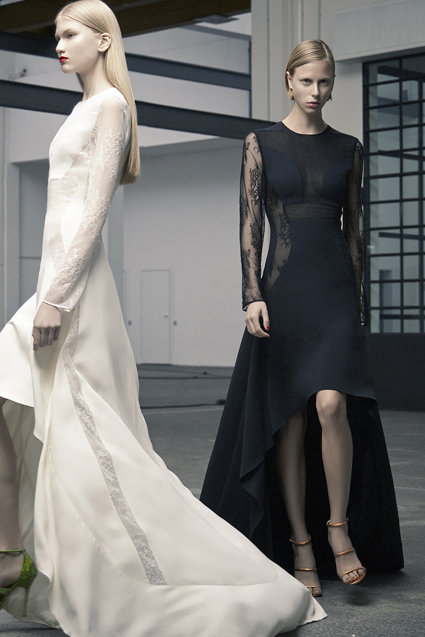 black and white asymmetric gowns