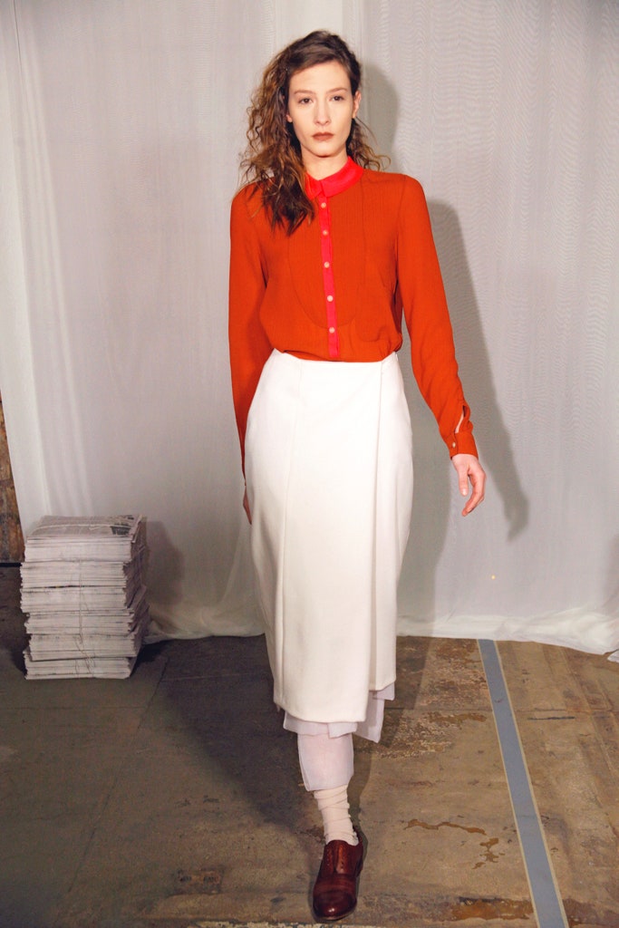red and pink fitted shirt with white skirt