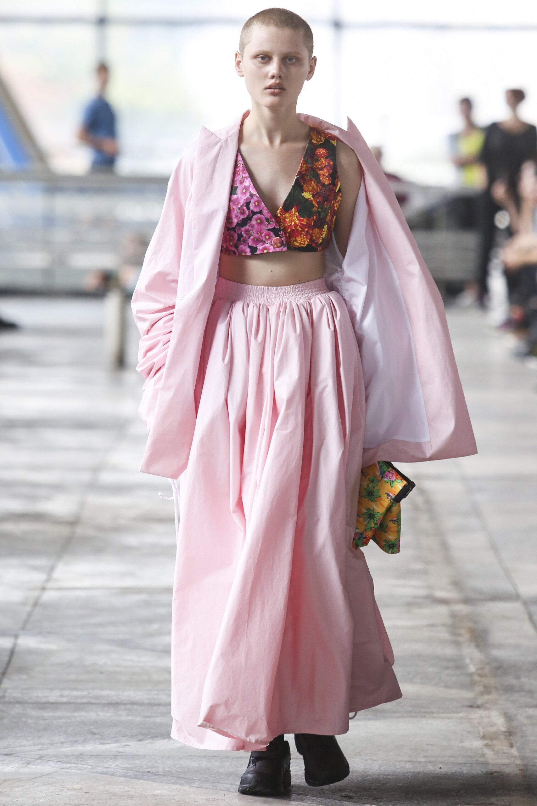 multi-colored floral top with pink skirt