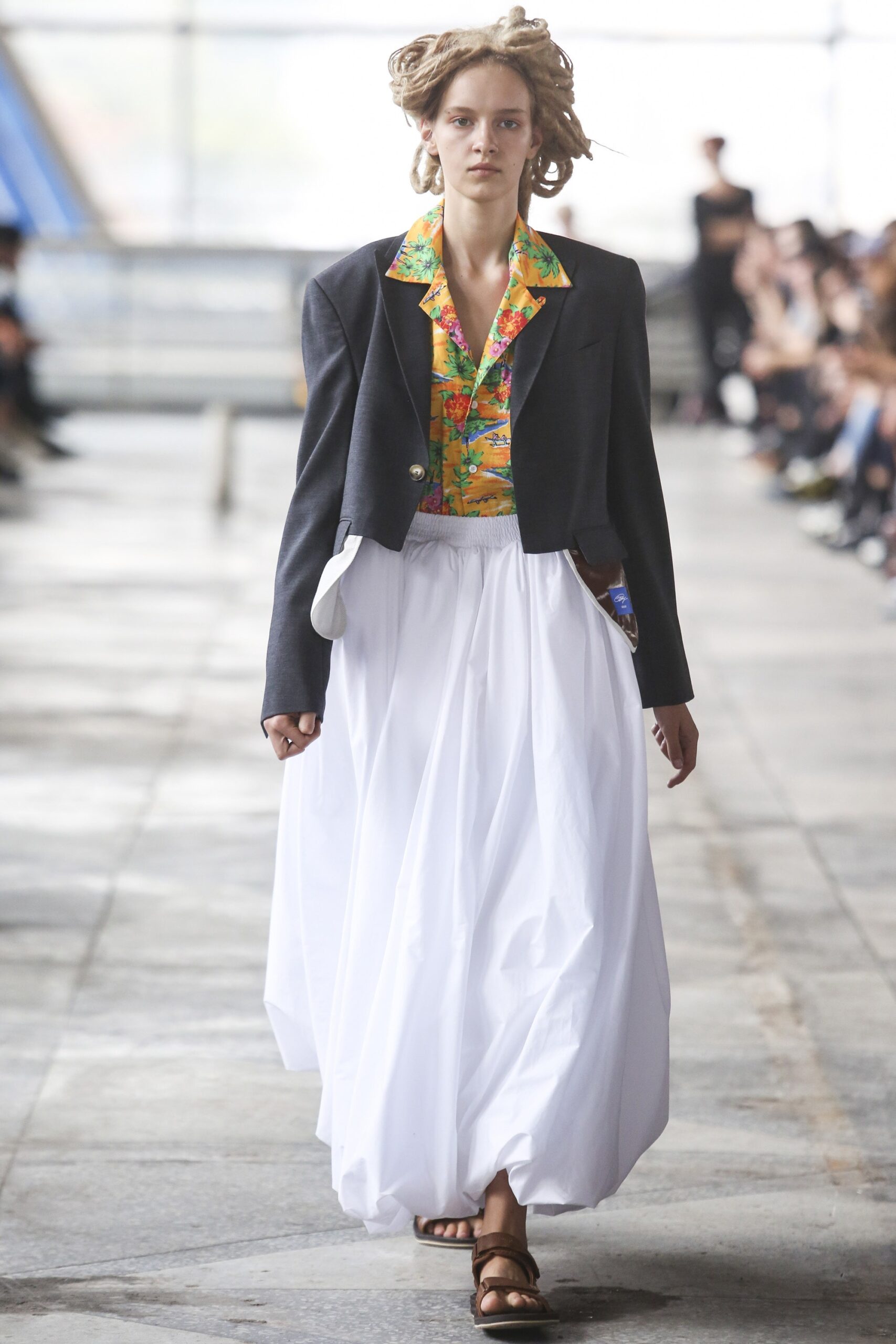 black blazer multi-colored shirt white maxi skirt