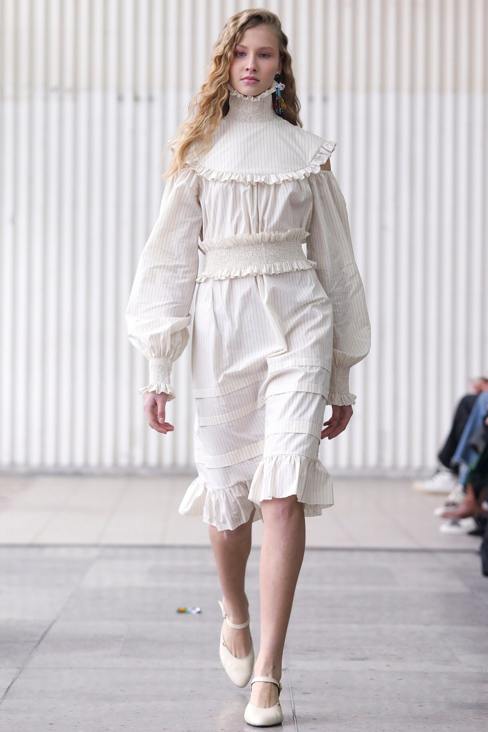 white cotton ruffled midi dress