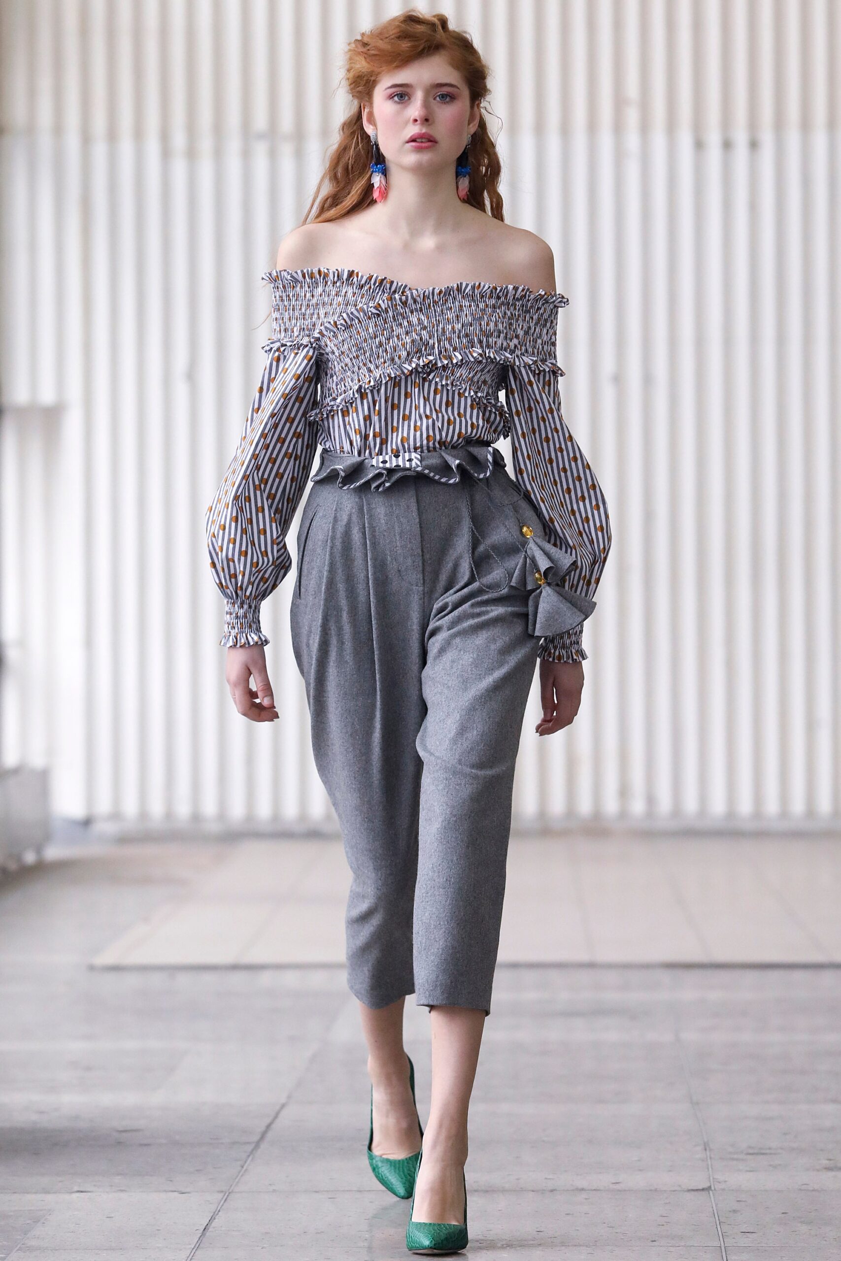 off-shoulder striped blouse with relaxed pants