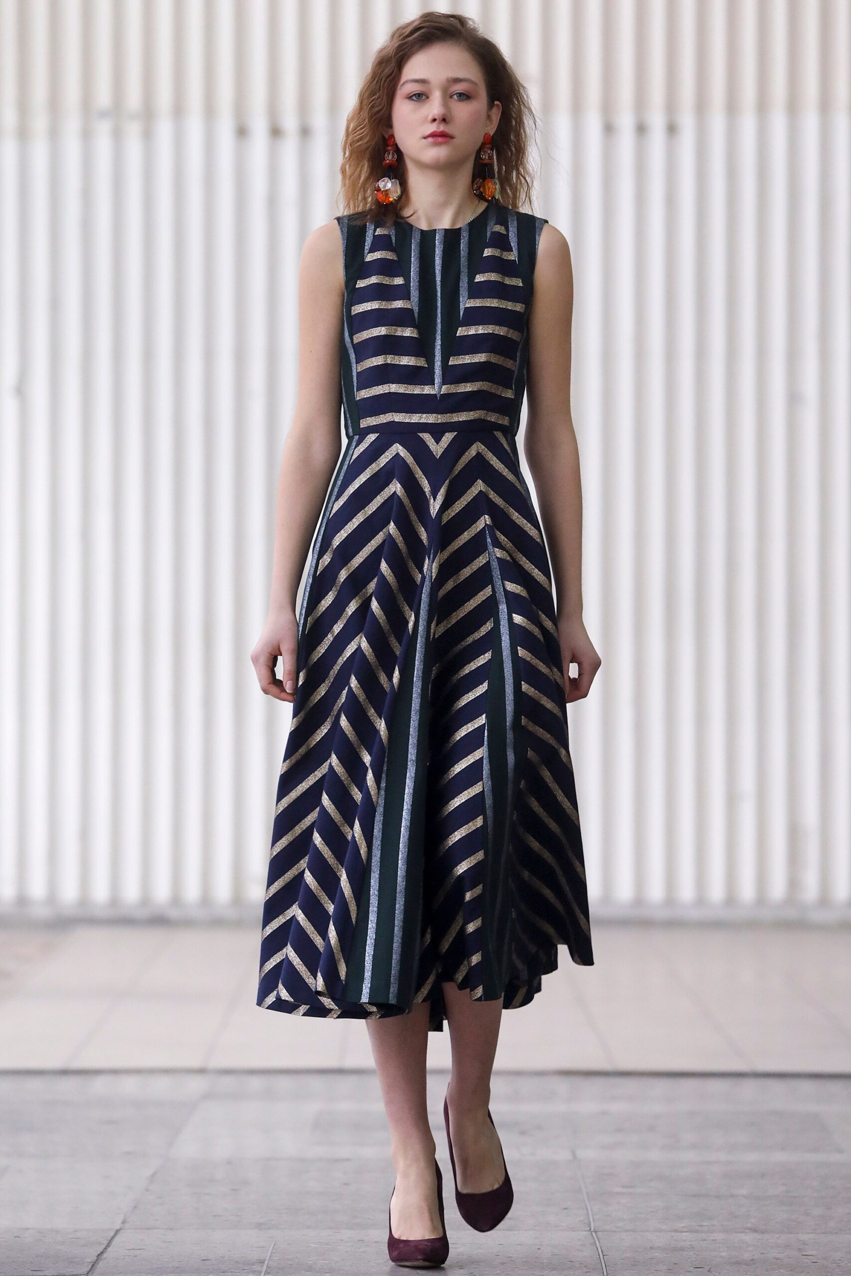 navy and gold striped midi dress