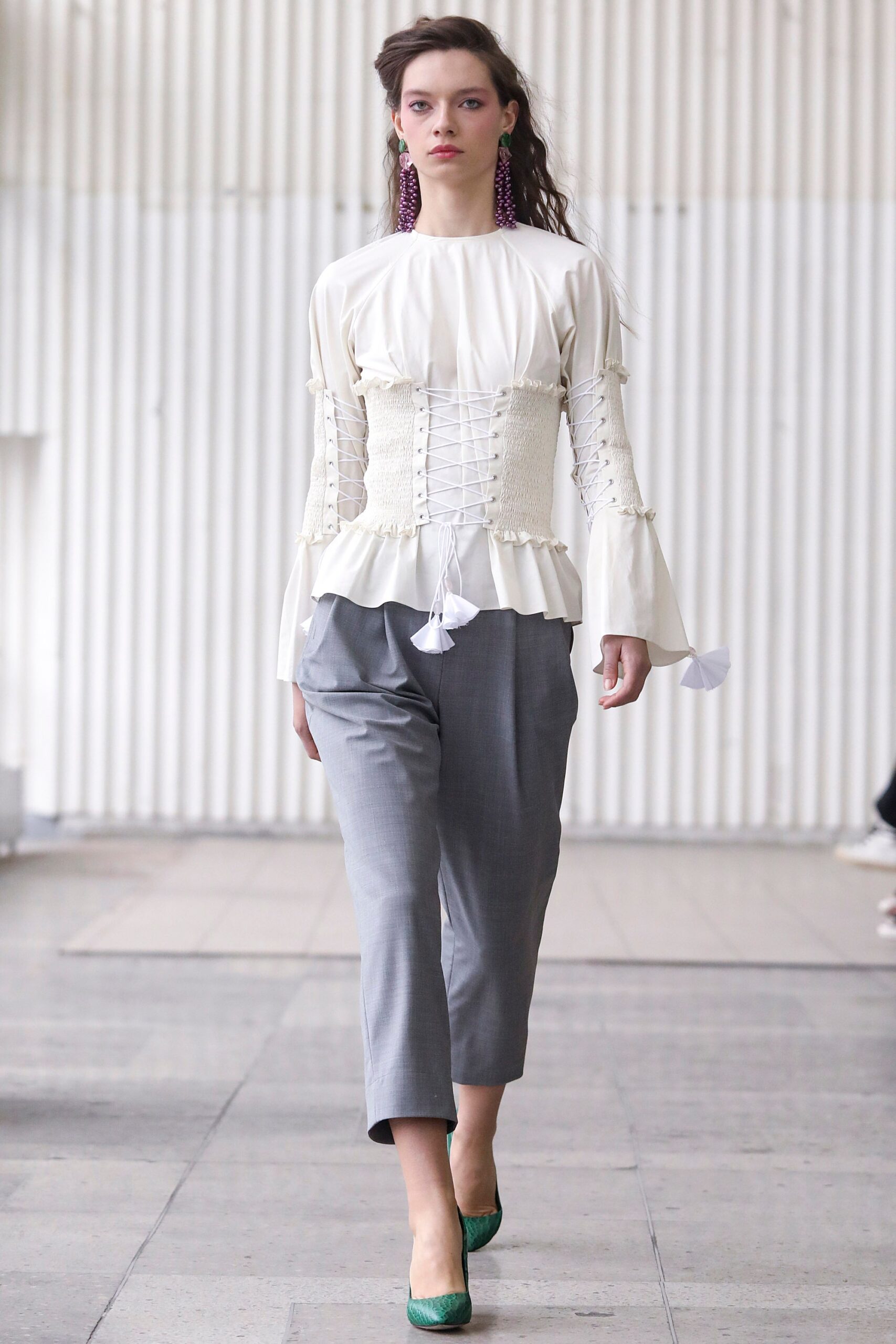 white fitted blouse gray tailored pants