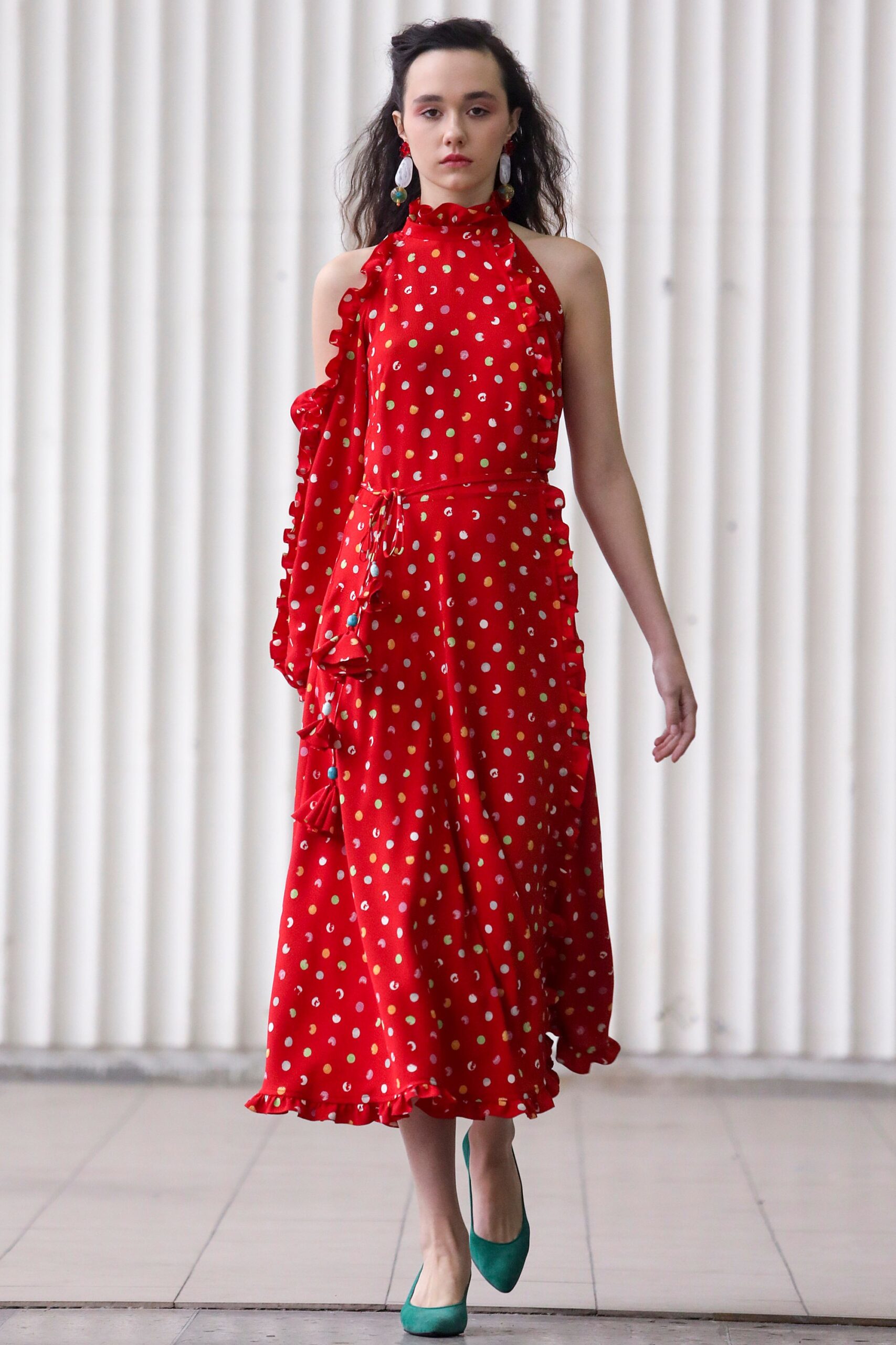 red polka-dot halter dress