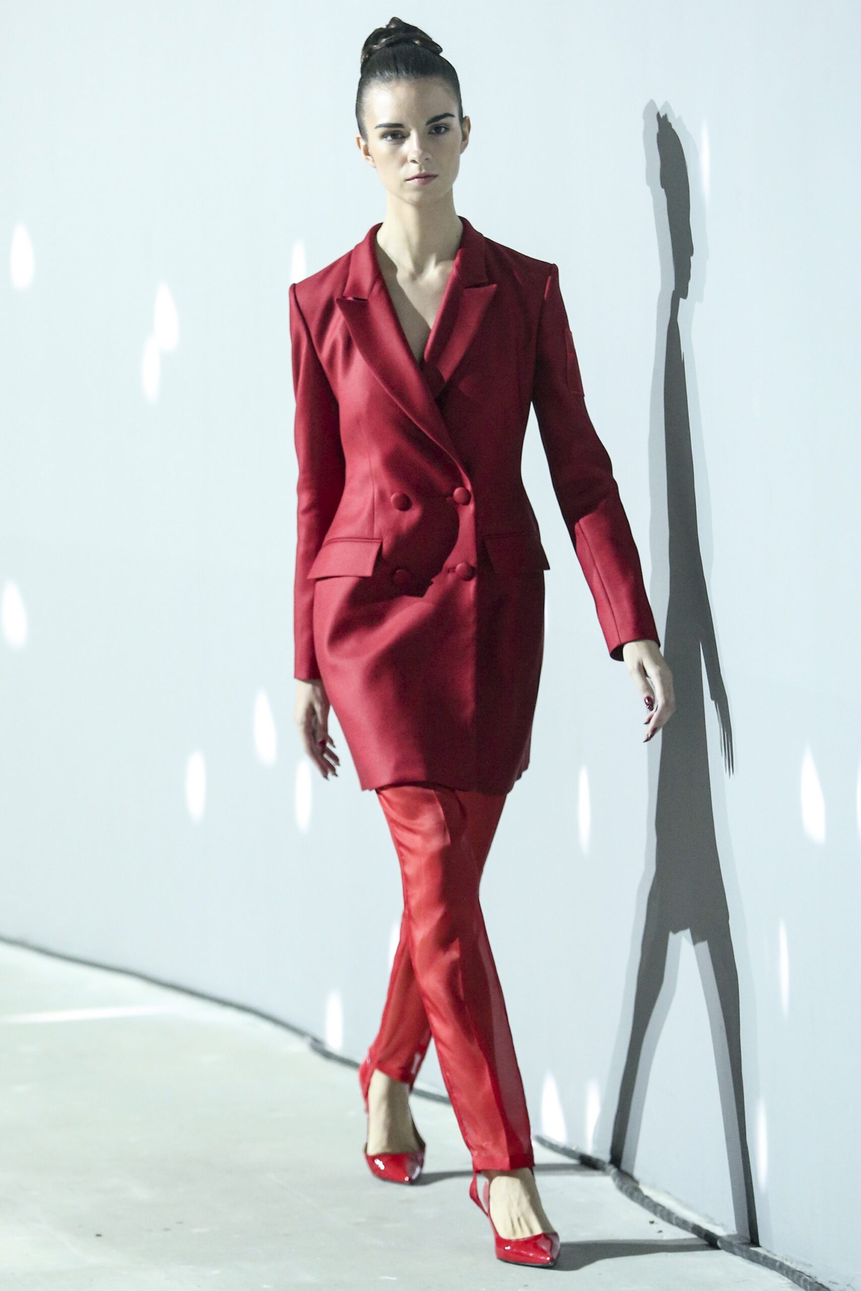 red satin tailored blazer and pants