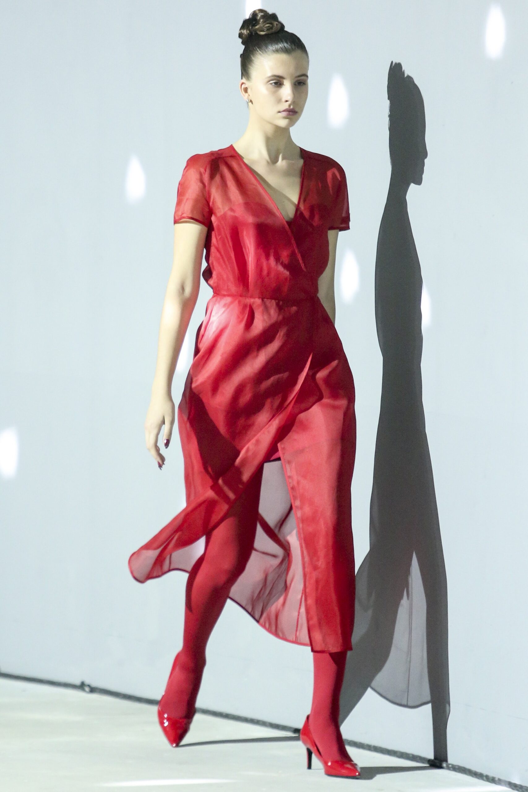 red silk midi dress with pointed shoes