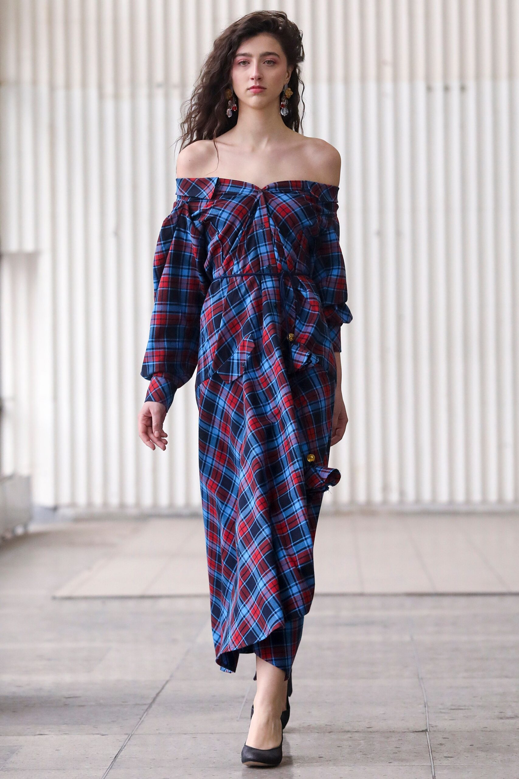 red and blue off-shoulder dress