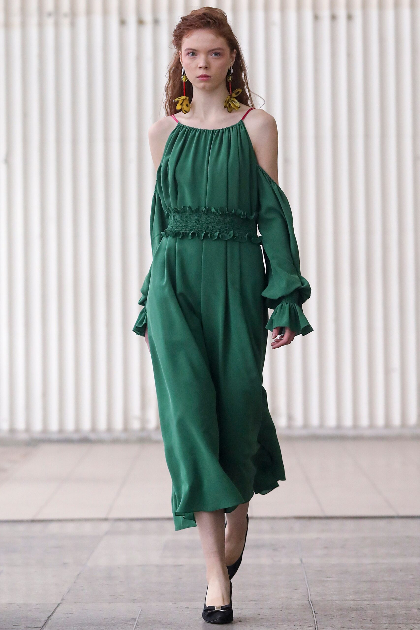 green silk off-shoulder dress