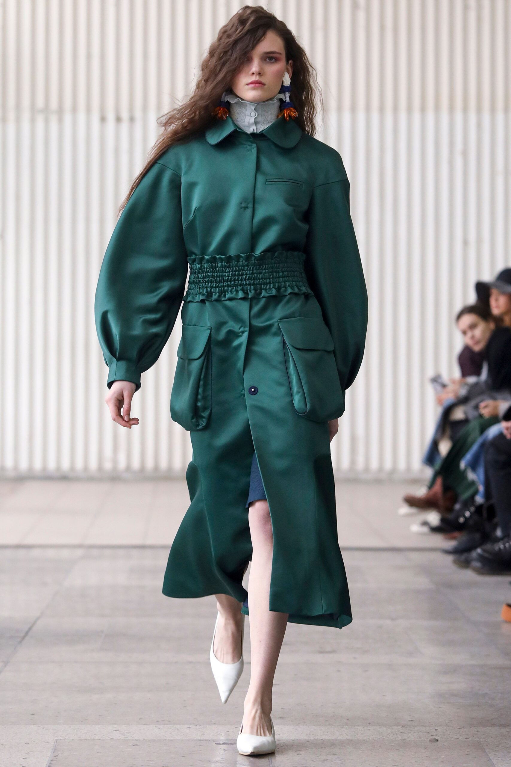 green silk collared midi dress