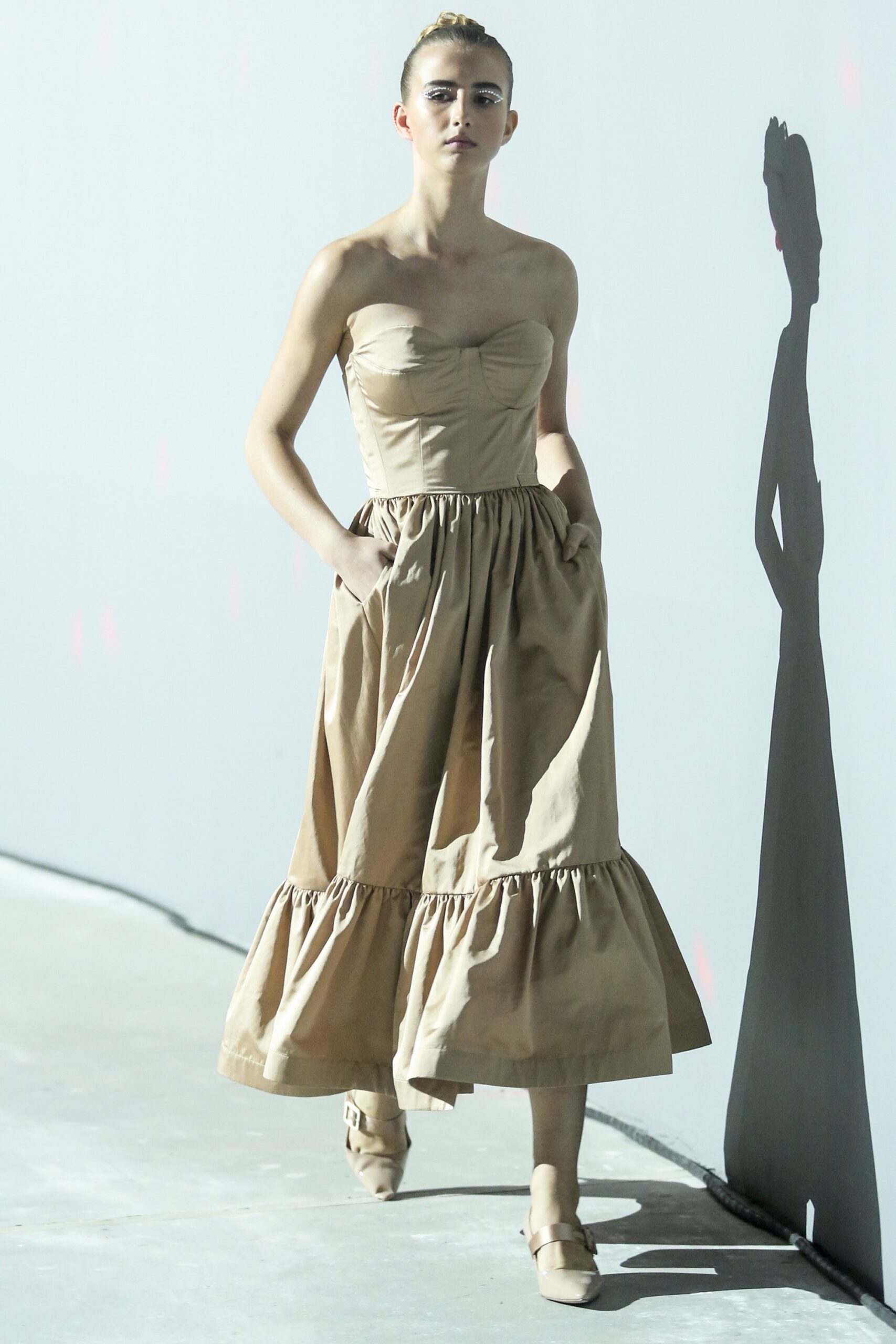 beige cotton strapless midi dress