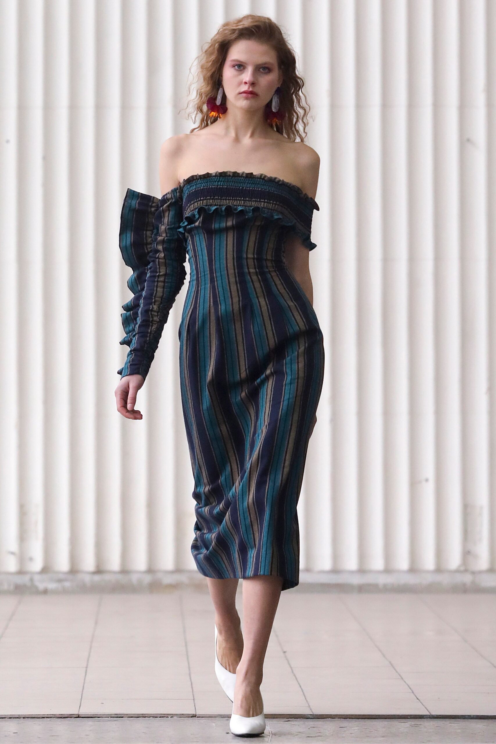 blue green striped off-shoulder dress