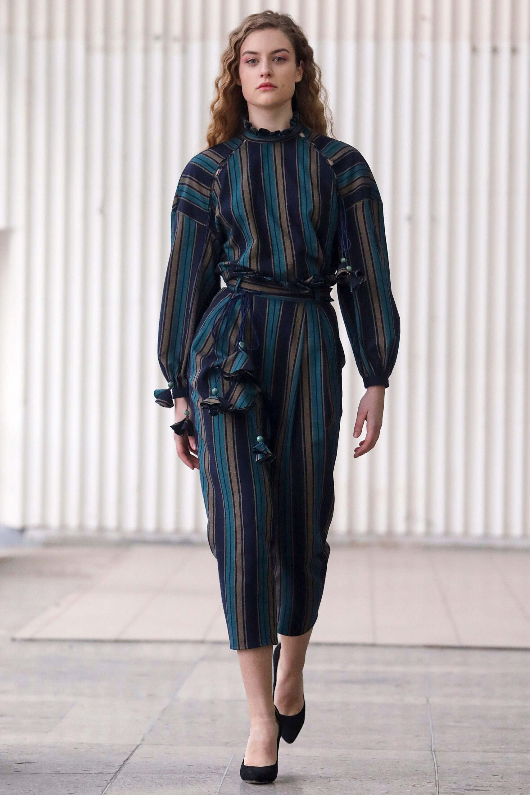 striped fitted jumpsuit with ruffles