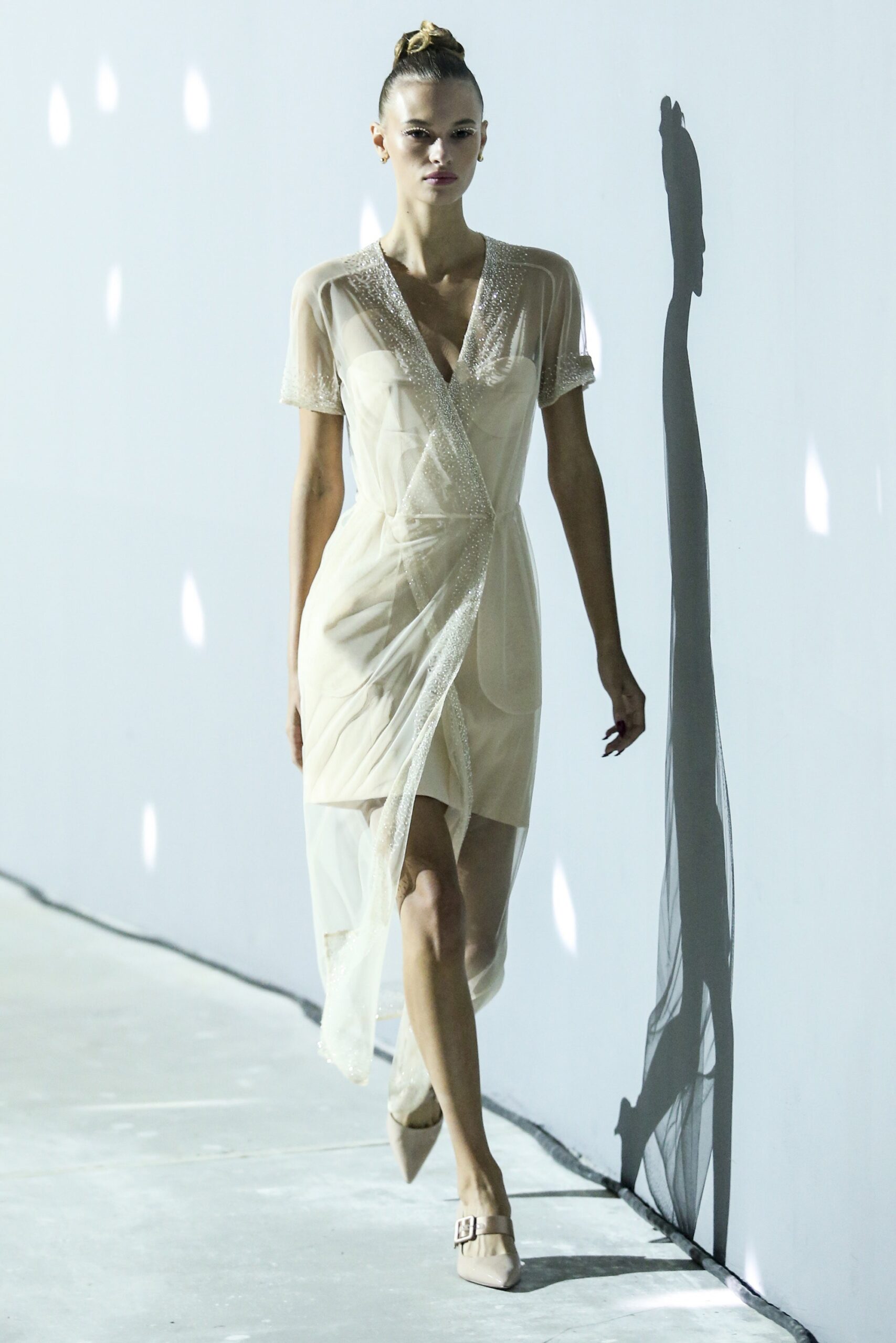 beige silk fitted midi dress