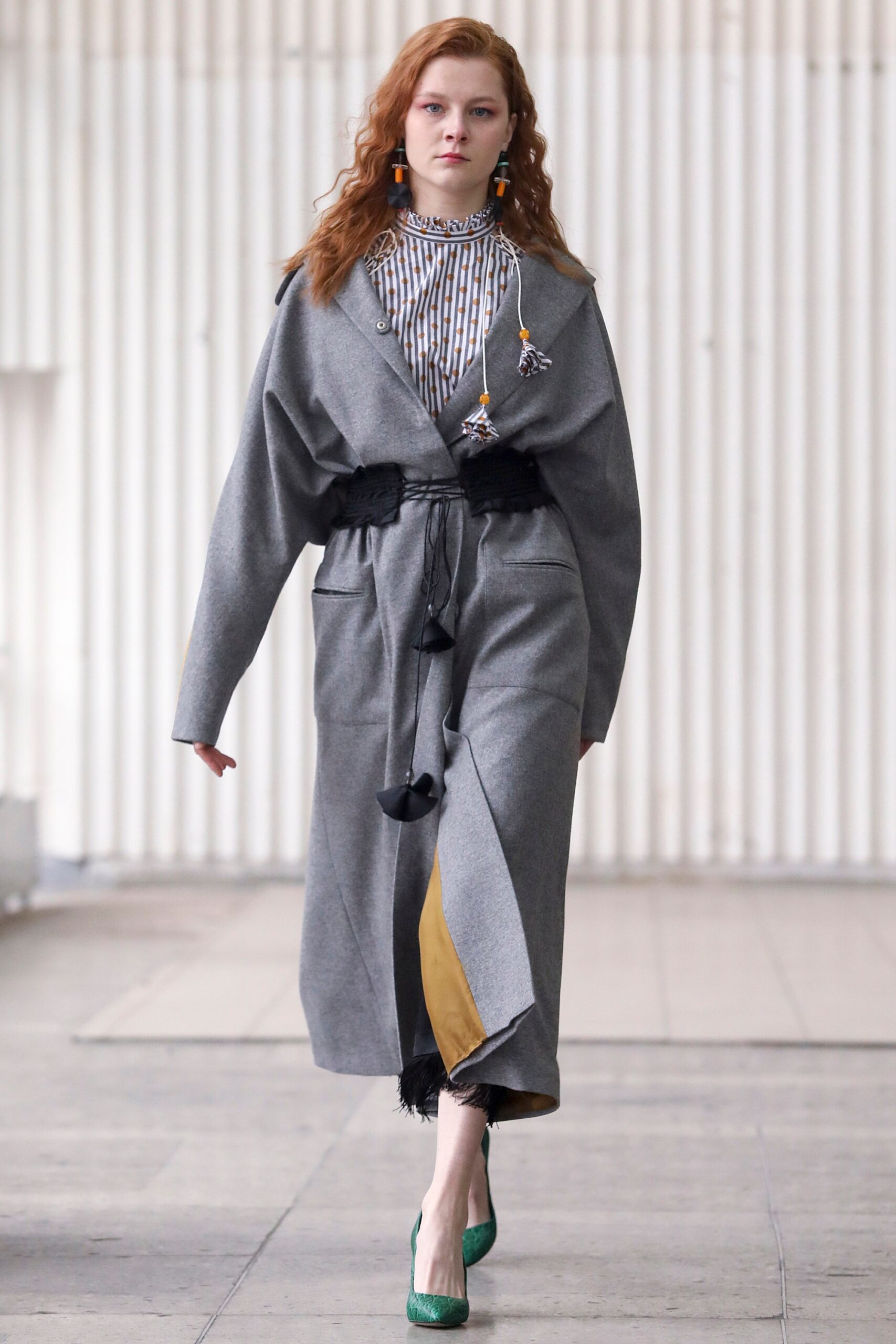 gray wool long-sleeve collared relaxed belted midi coat