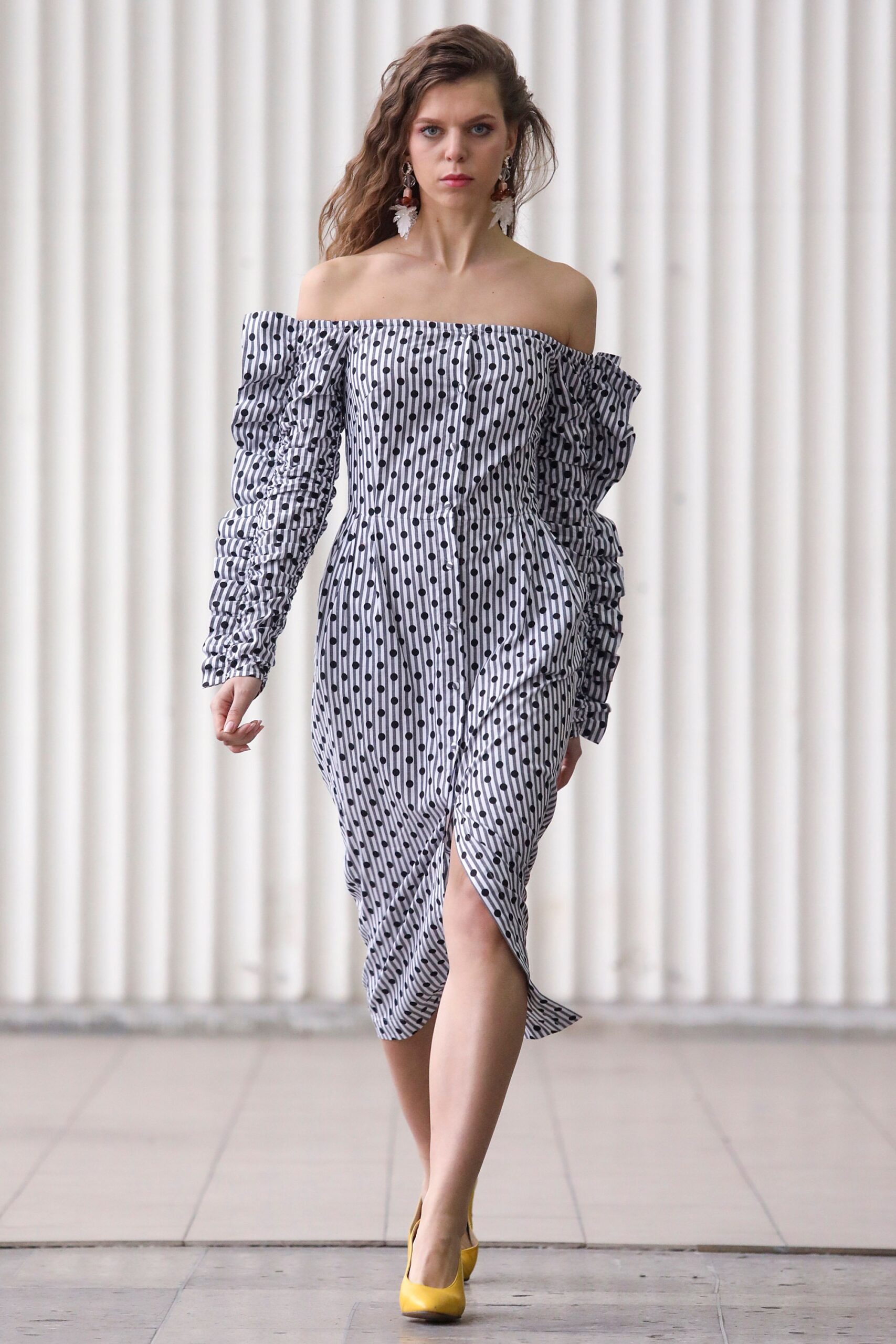 black and white off-shoulder midi dress