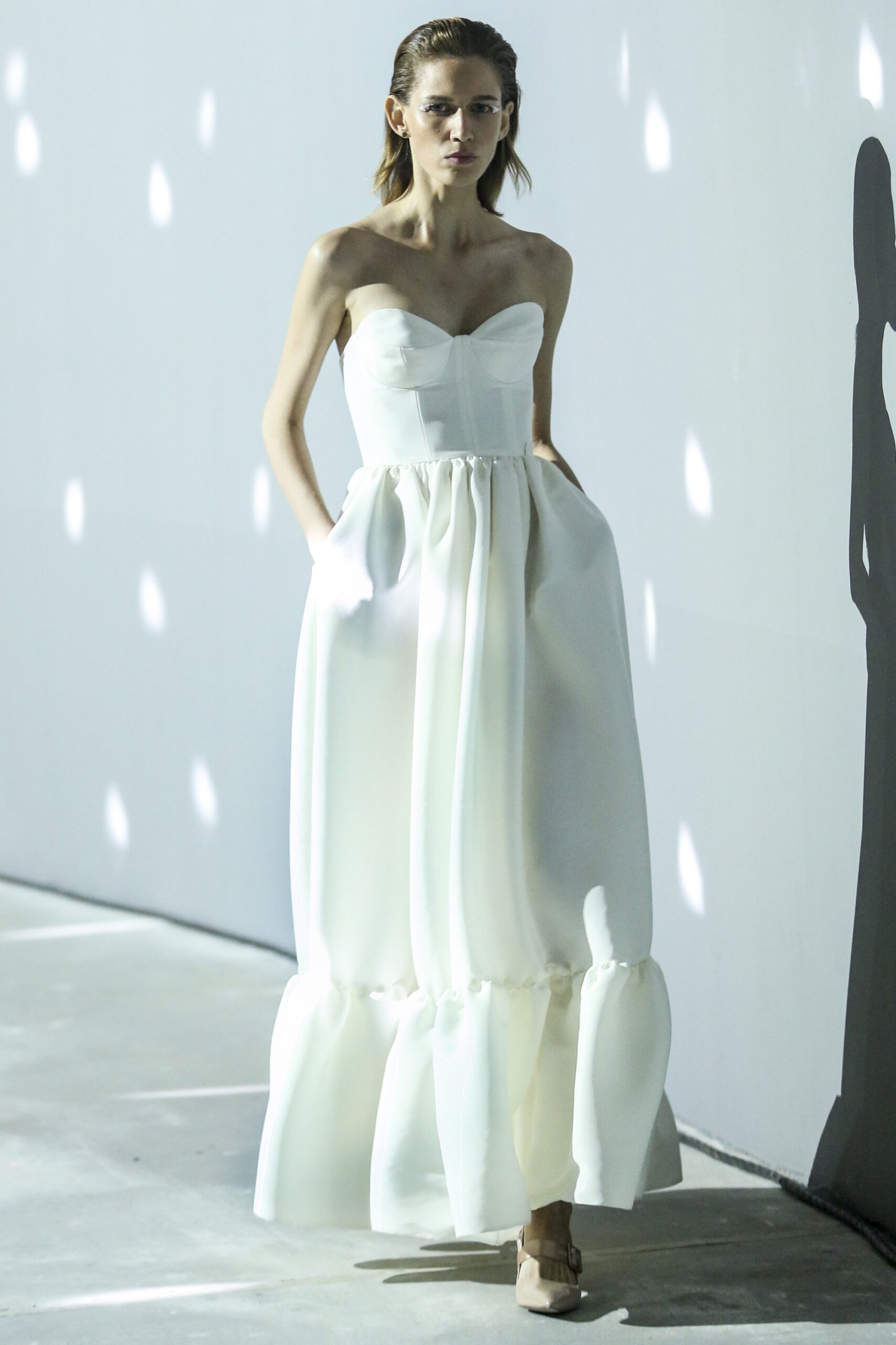 white strapless tiered gown