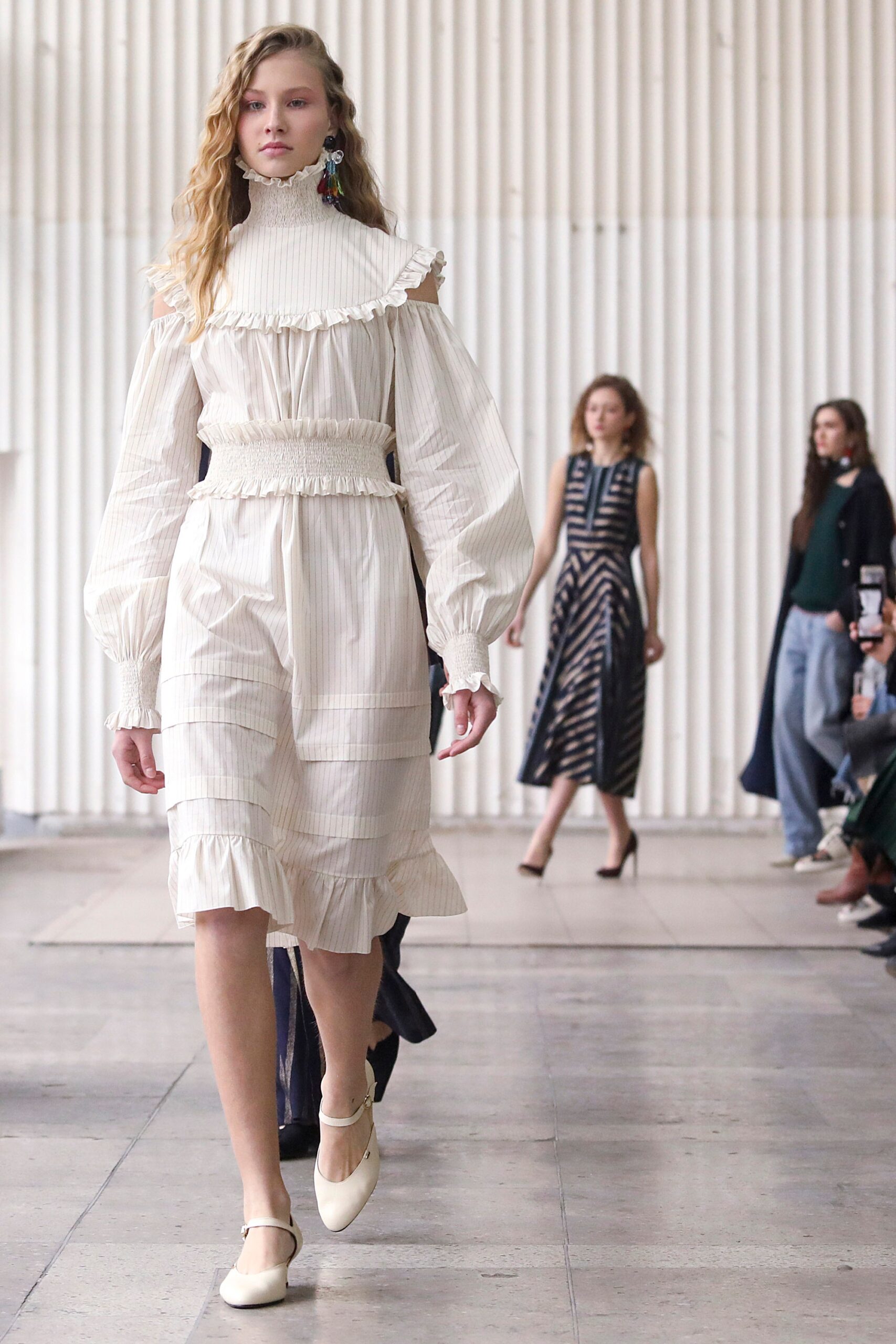 white cotton ruffled midi dress