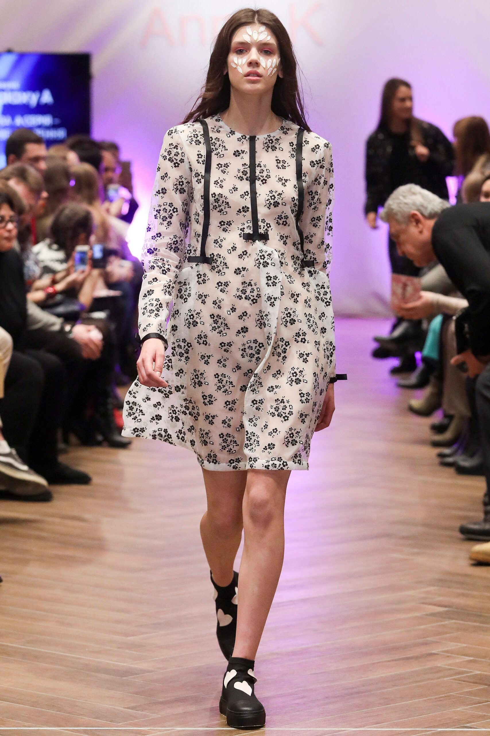 white floral long-sleeve mini-dress