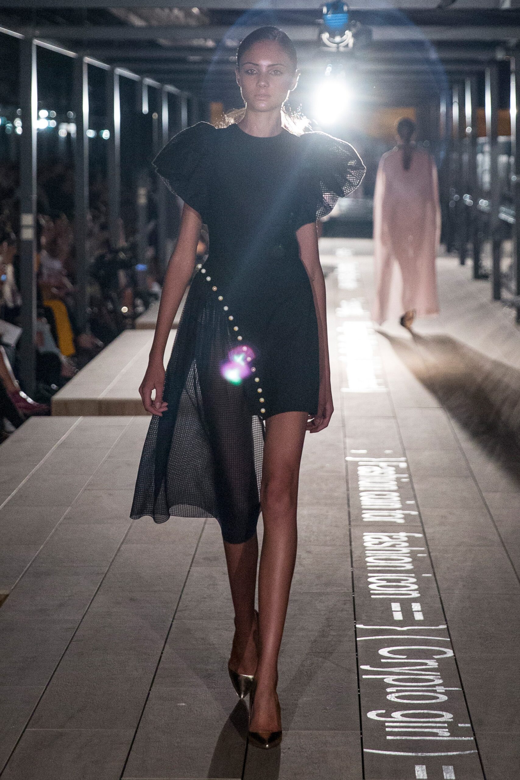 black asymmetric mesh mini-dress