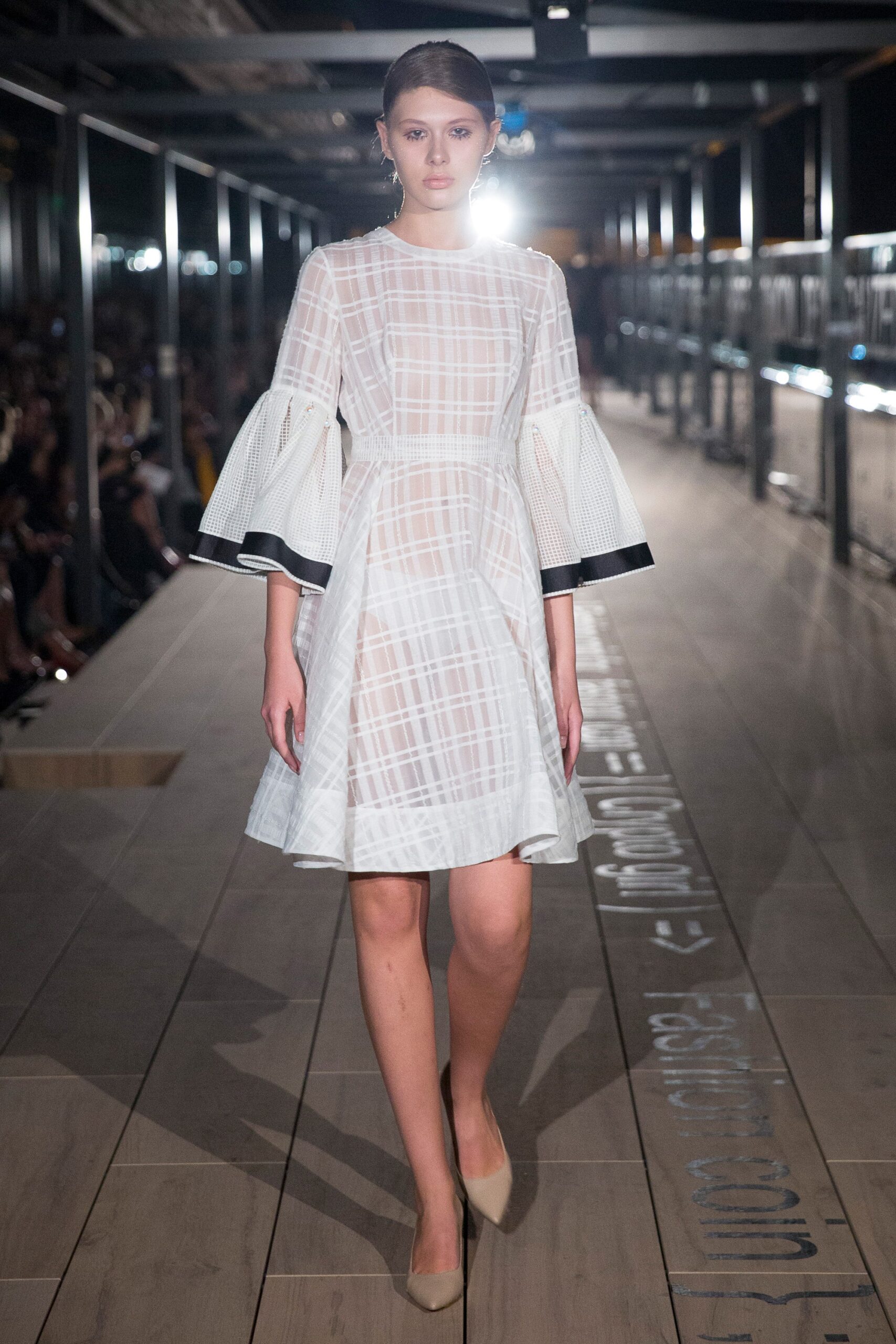 white organza long-sleeve high-neck checked ruffled mini-dress