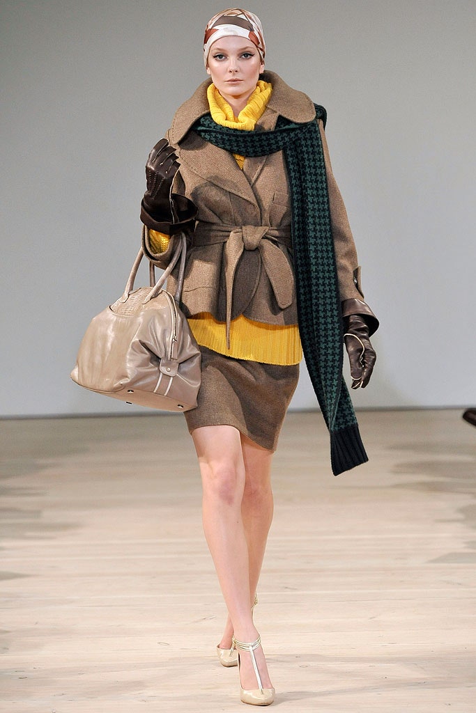 brown wool coat with yellow top