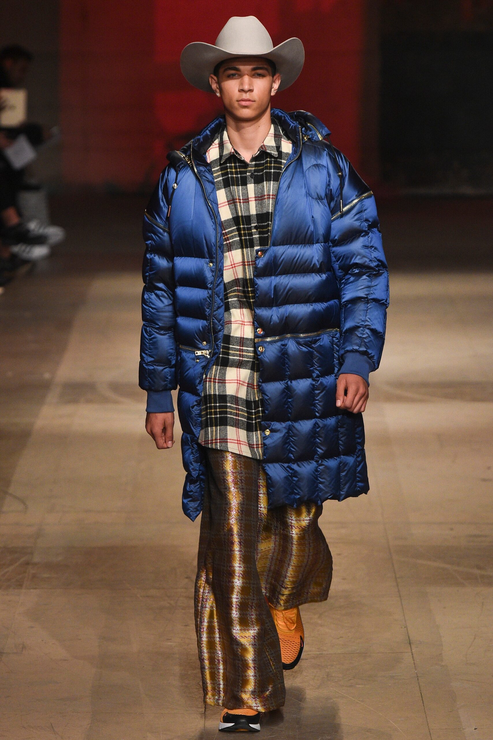 blue padded coat with checked shirt