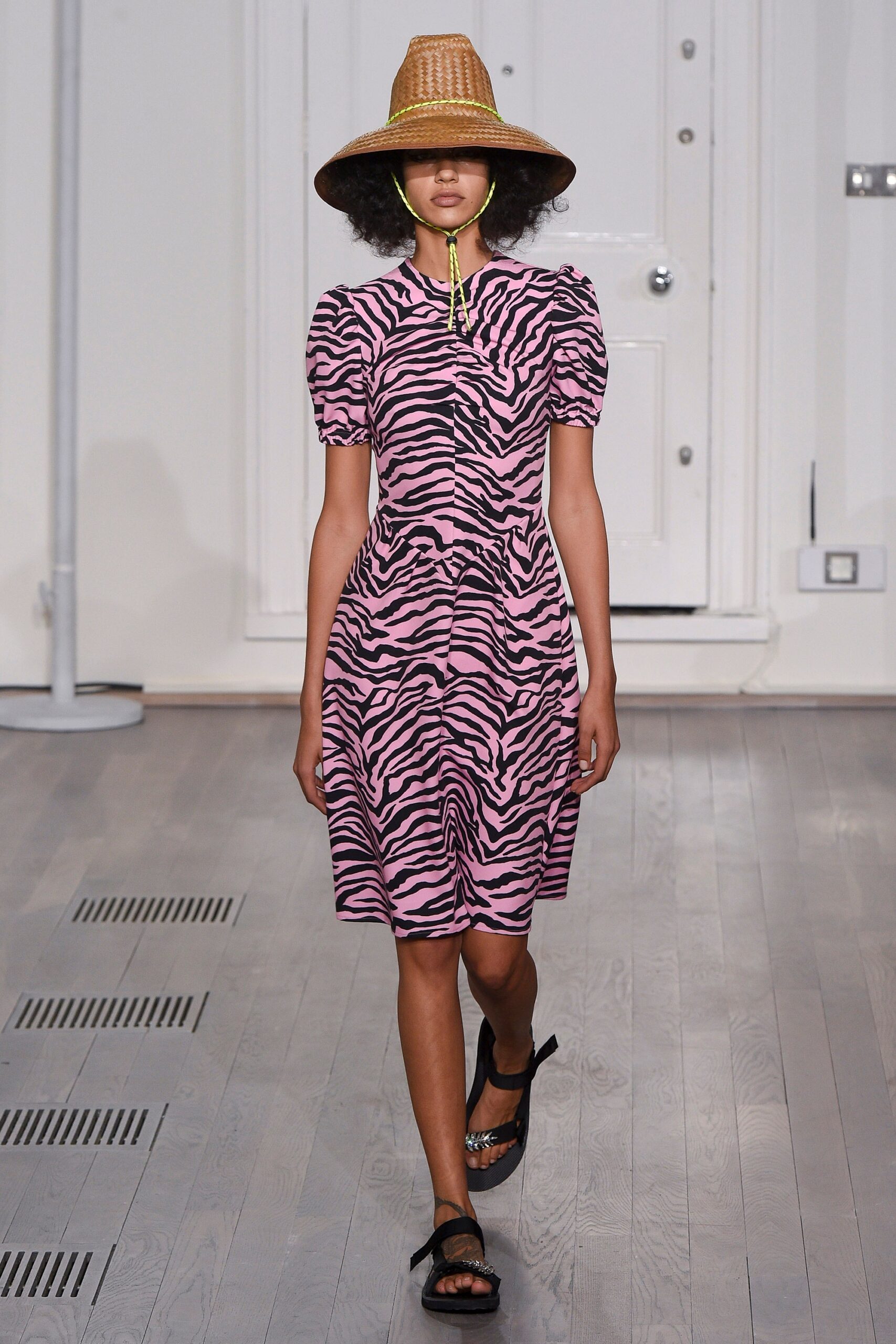 pink animal-print dress with hat