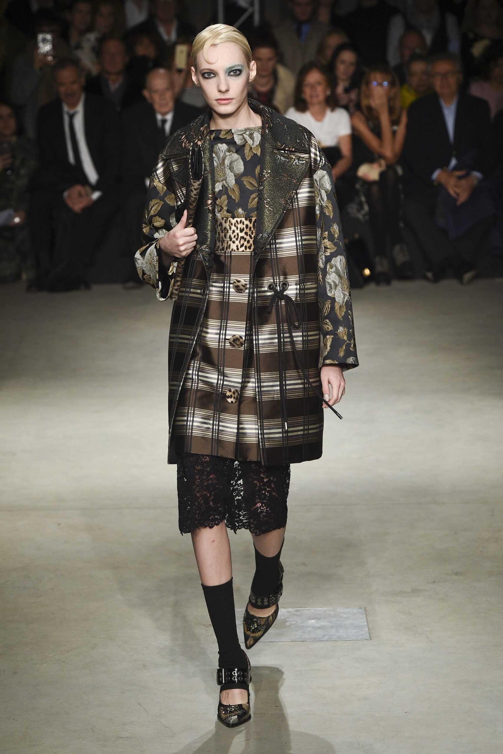 black and brown floral coat with lace dress