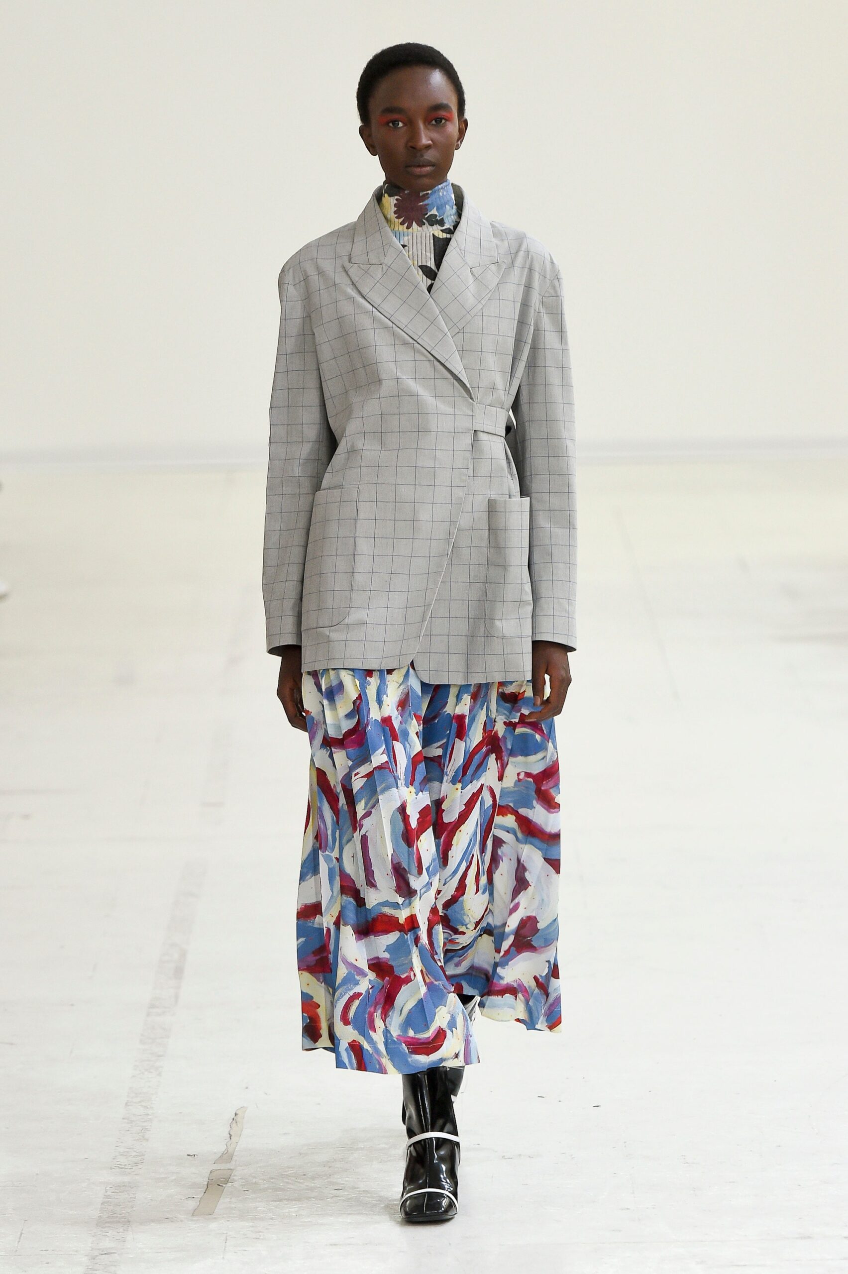 gray tailored blazer with multi-tiered dress
