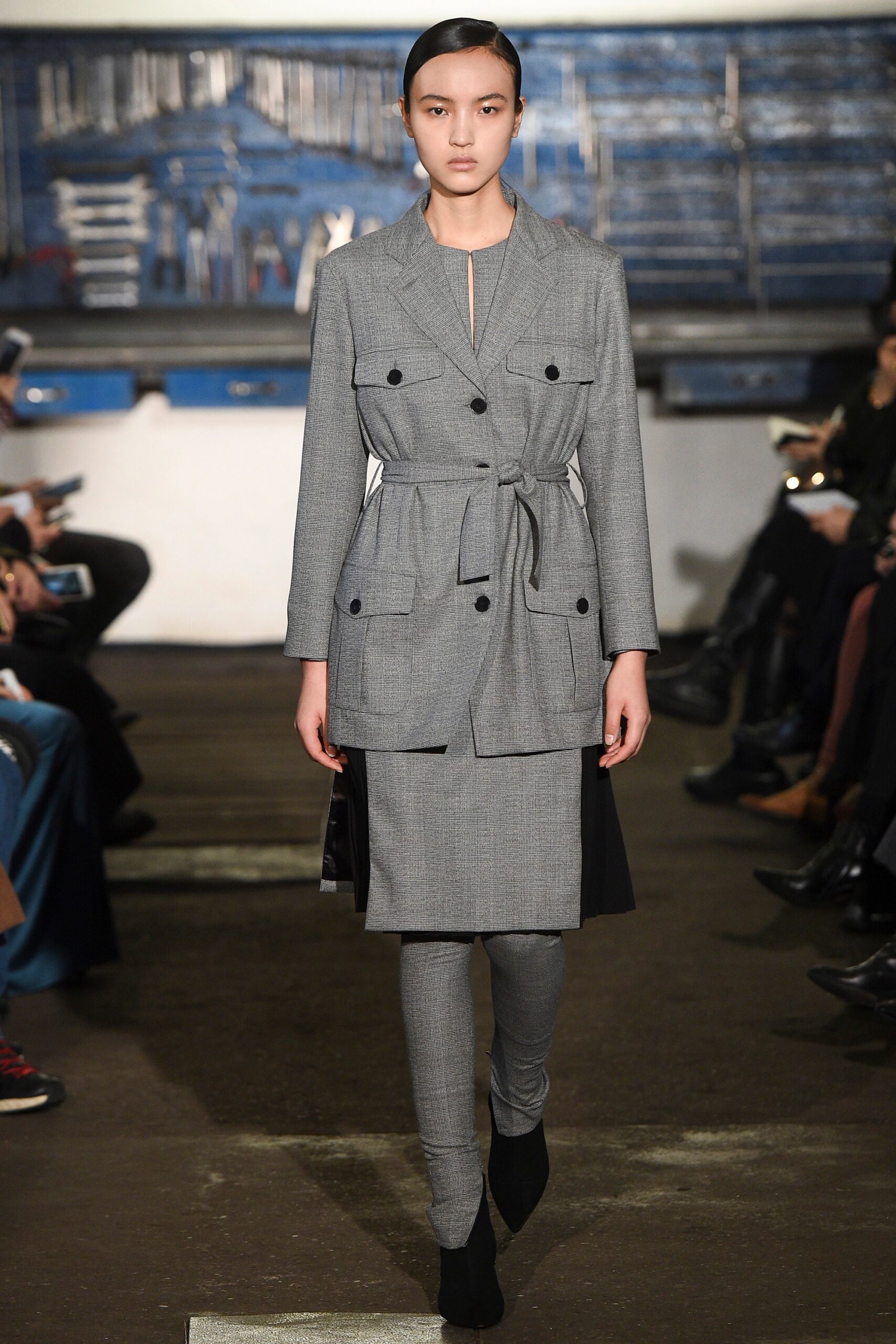 fitted gray suit with pencil pants