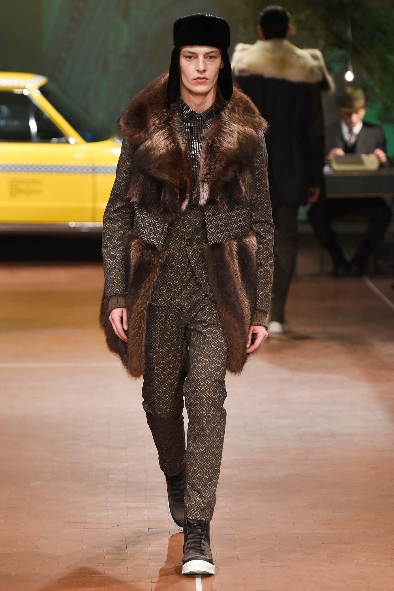 brown fur coat with printed suit