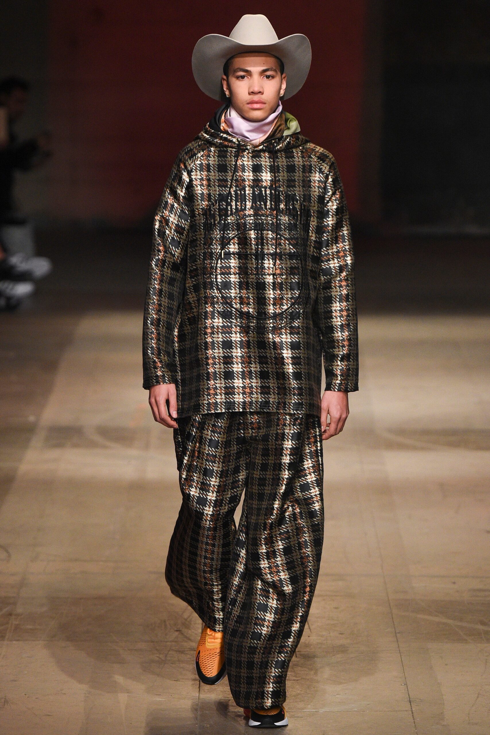 gold and black checked hoodie and pants