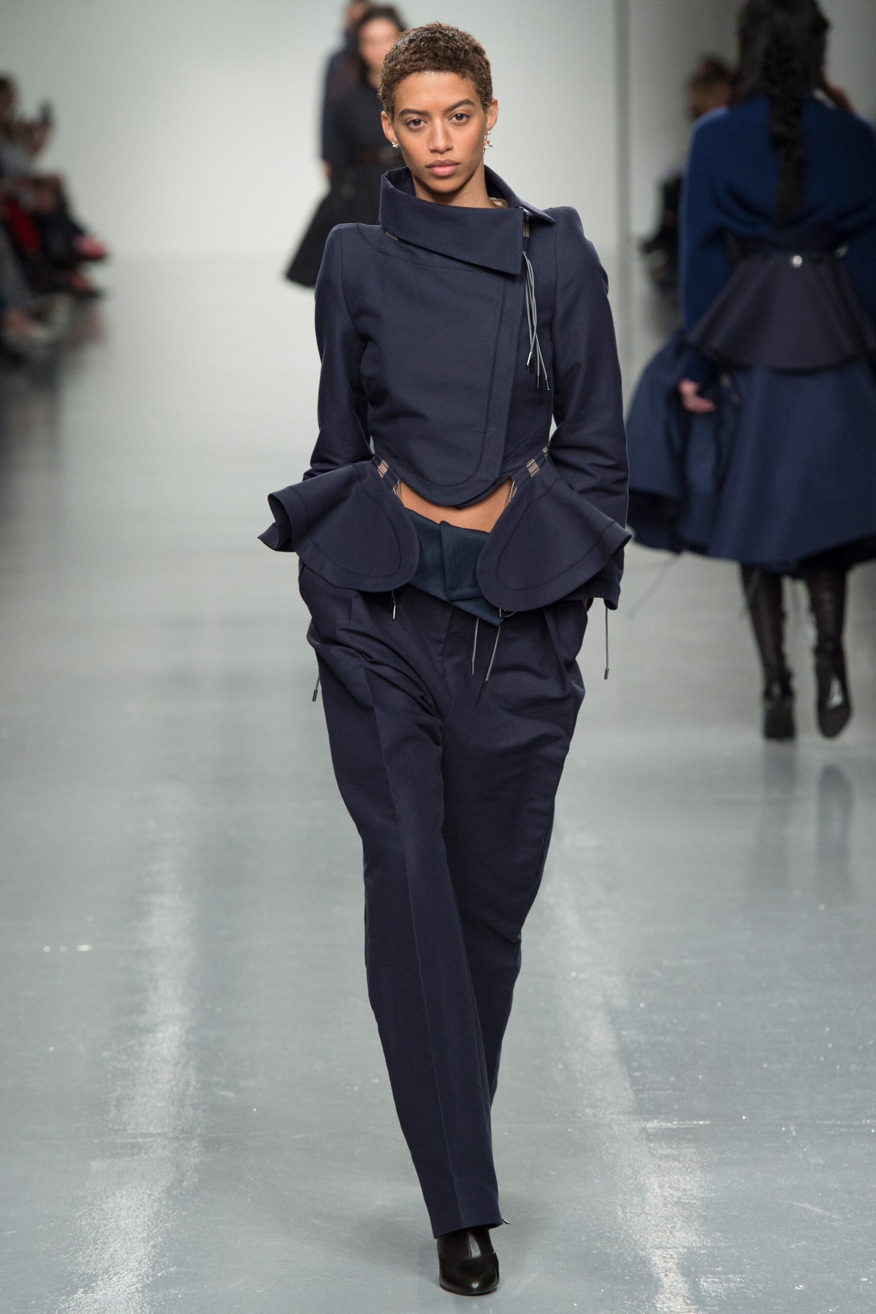blue cotton long-sleeve collared fitted zippered layered jacket