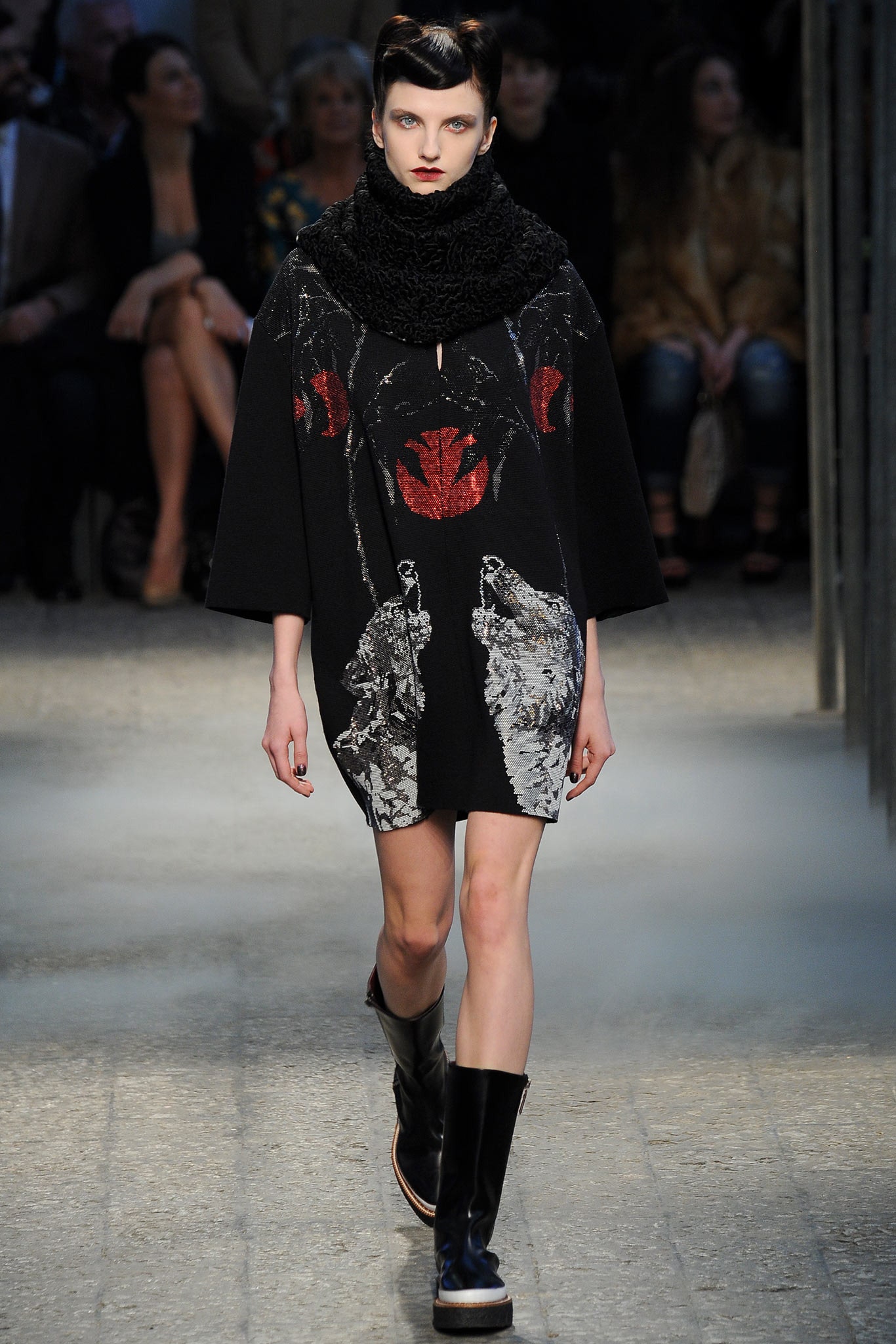 black wool mini dress with scarf