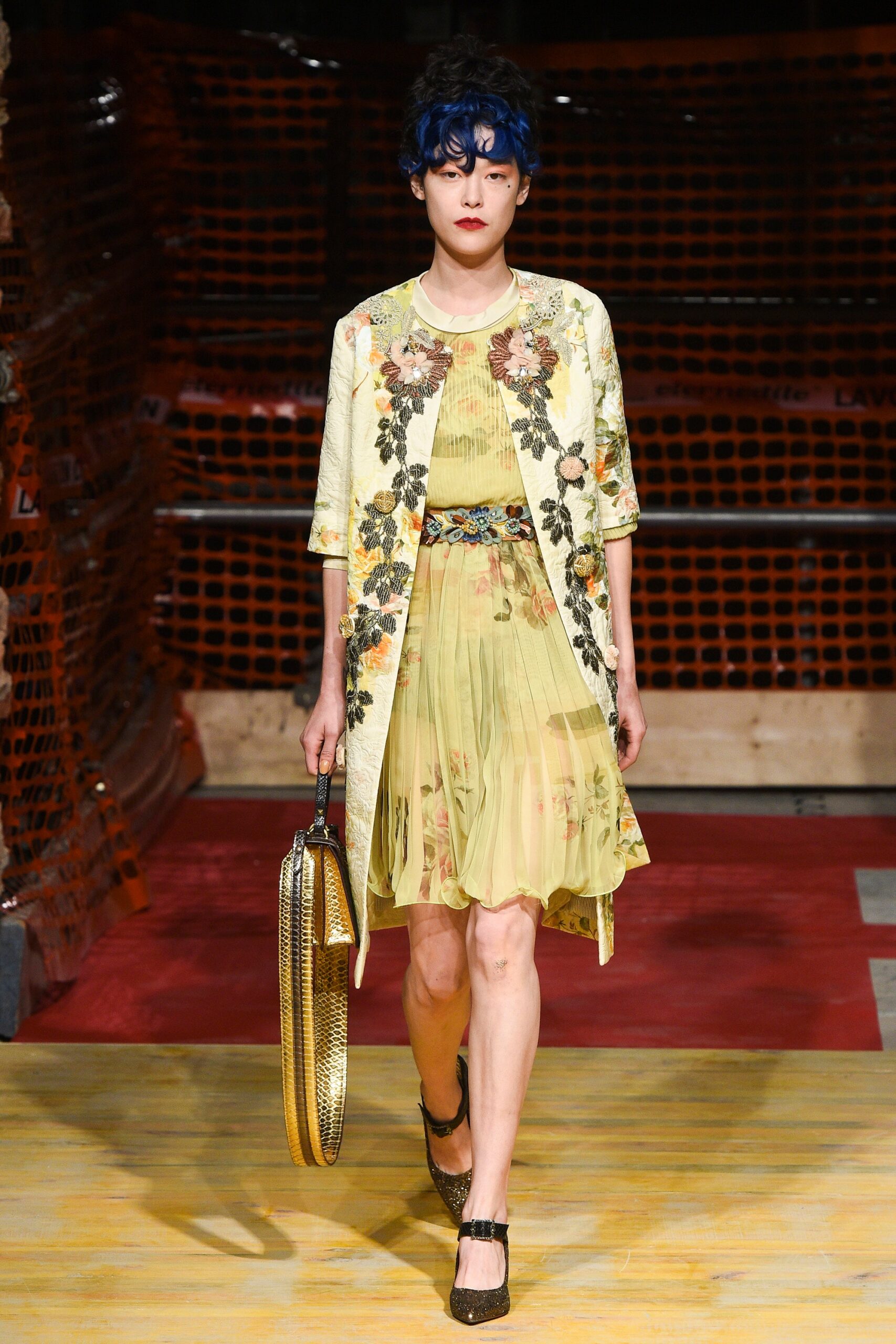 yellow silk sleeveless v-neck fitted floral pleated dress