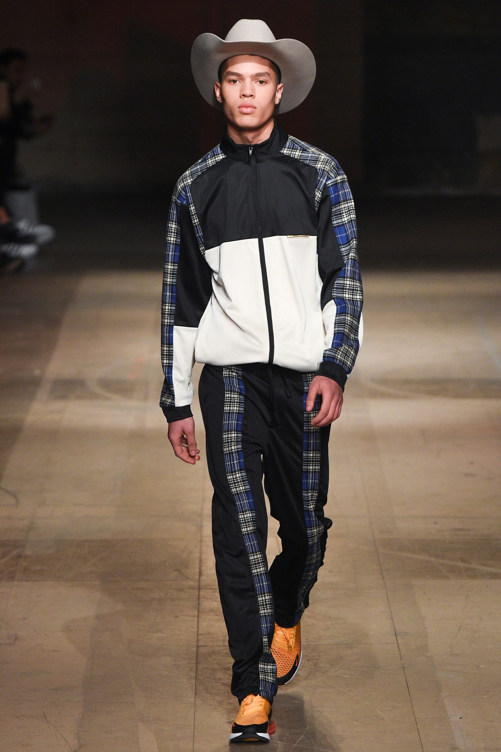 color-blocked jacket with fitted pants