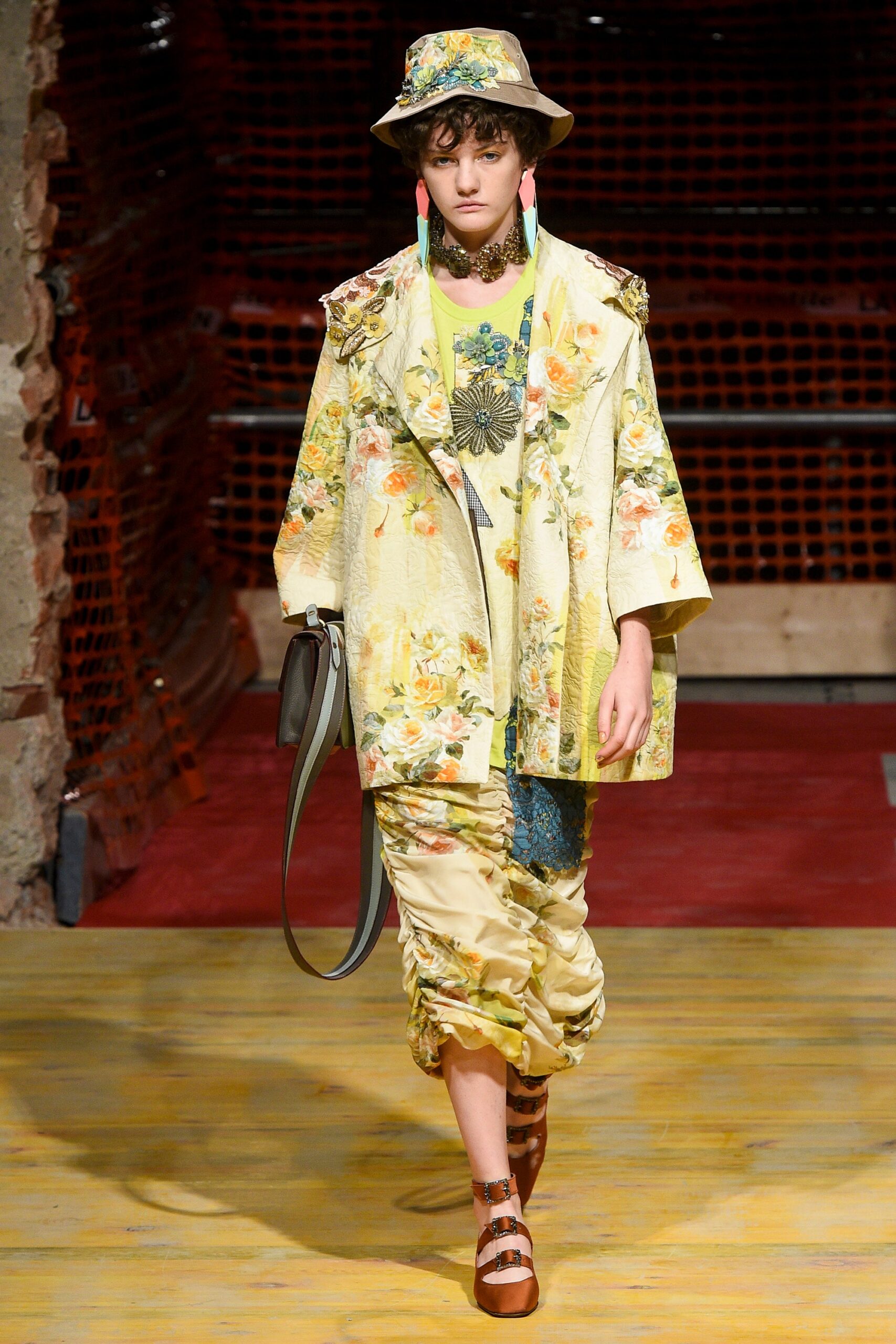 yellow cotton long-sleeve collared relaxed floral buttoned coat