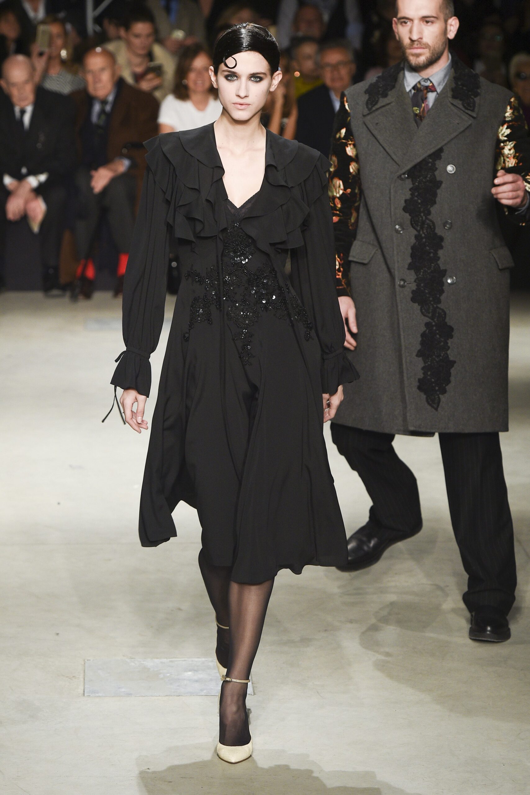 black silk ruffled midi dress