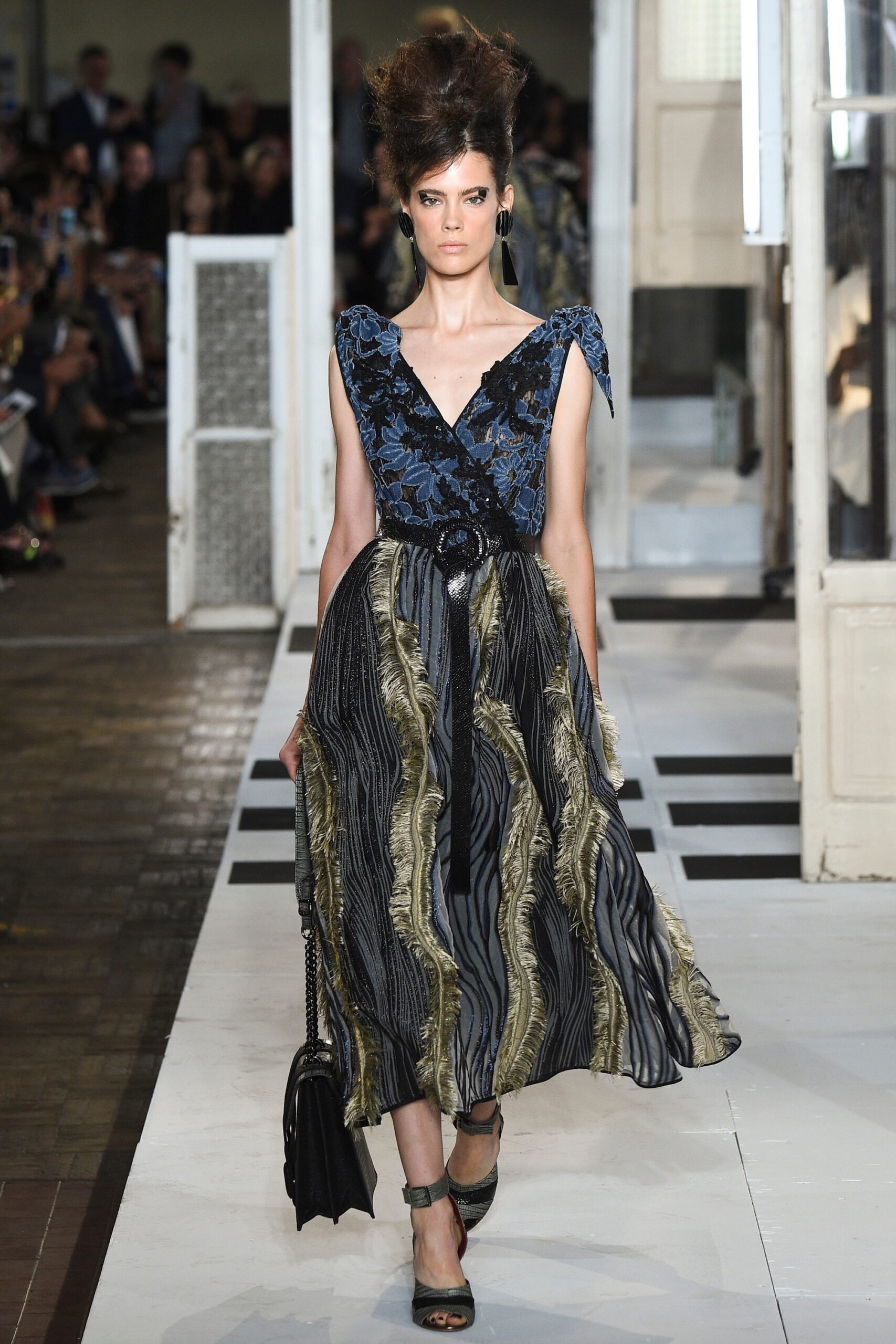blue and gold pleated midi dress