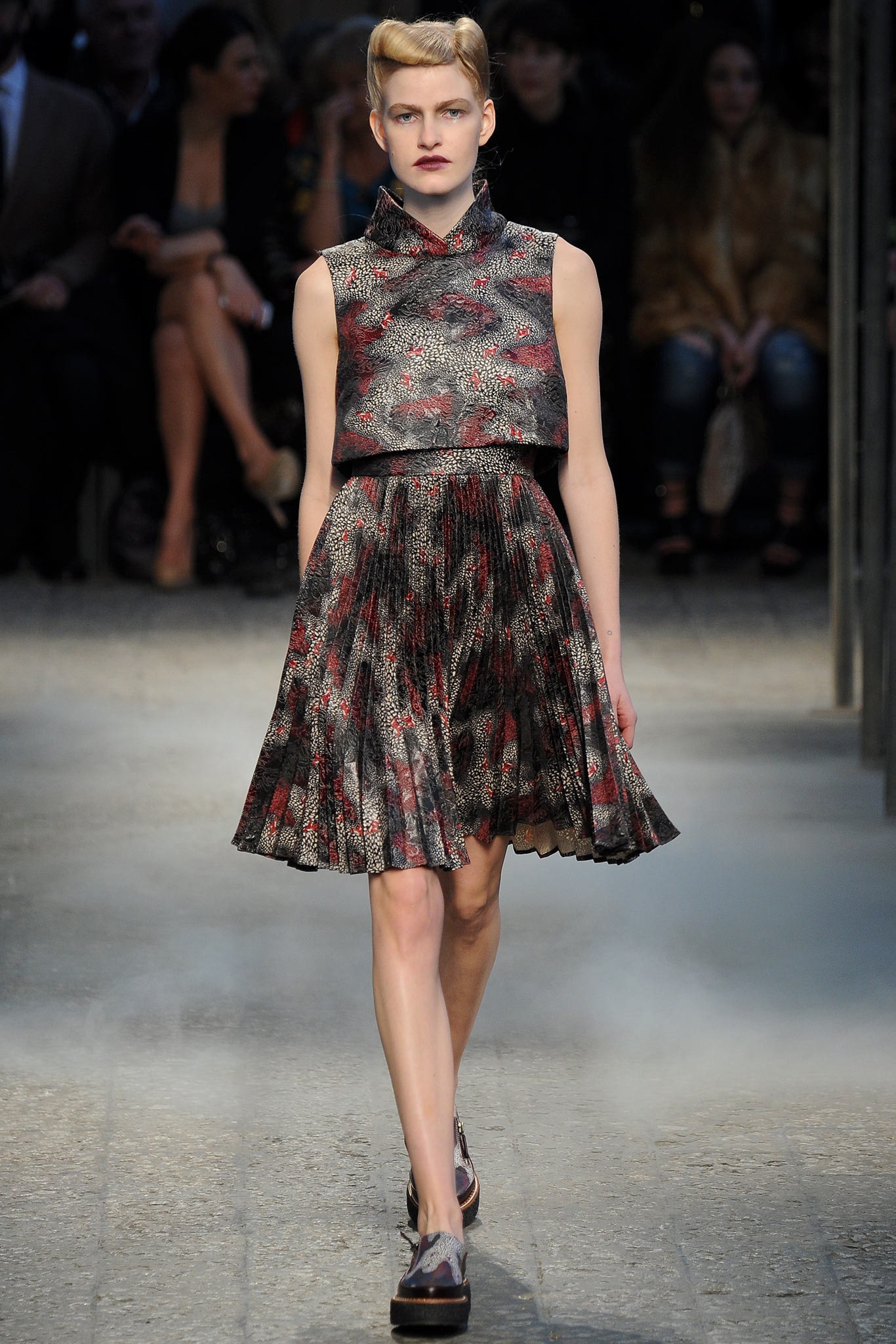 fitted pleated midi dress with platform shoes