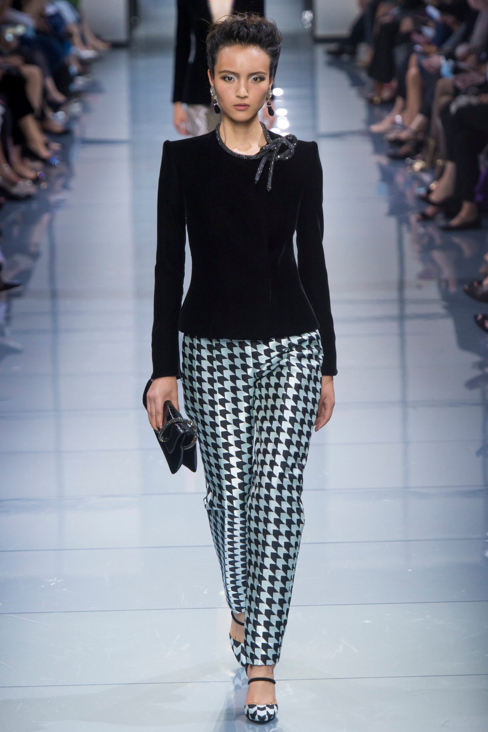 black velvet fitted blazer with checked pants