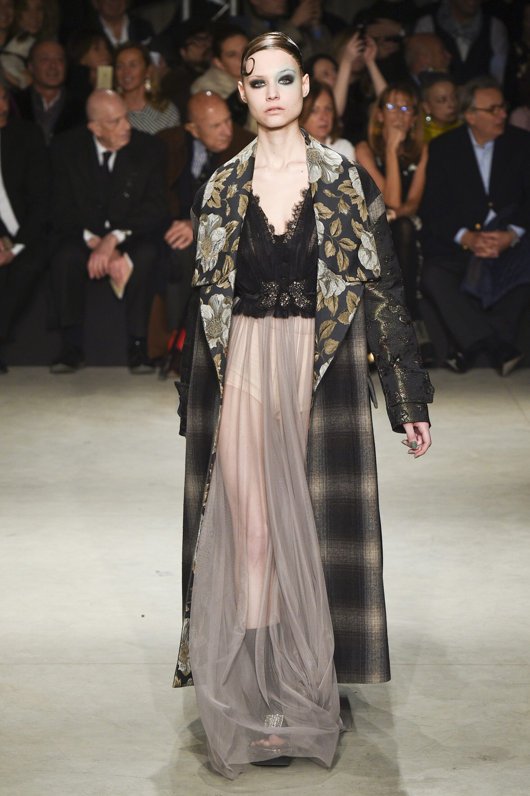 black floral coat and sheer dress