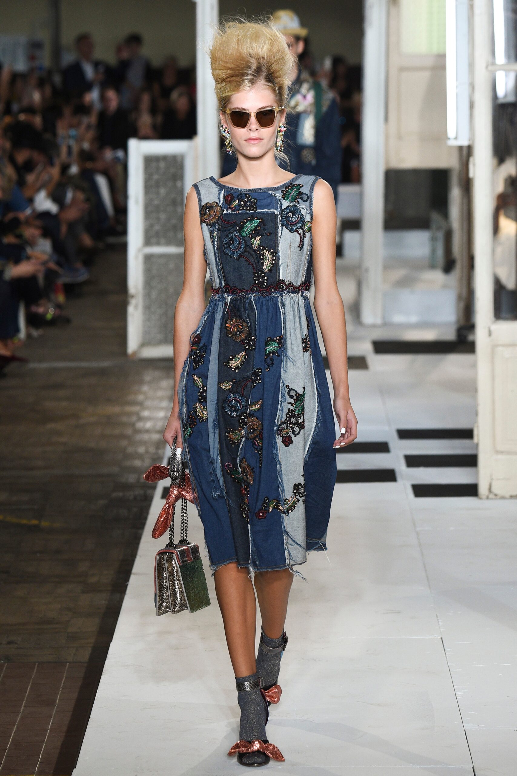 blue gray embroidered midi dress