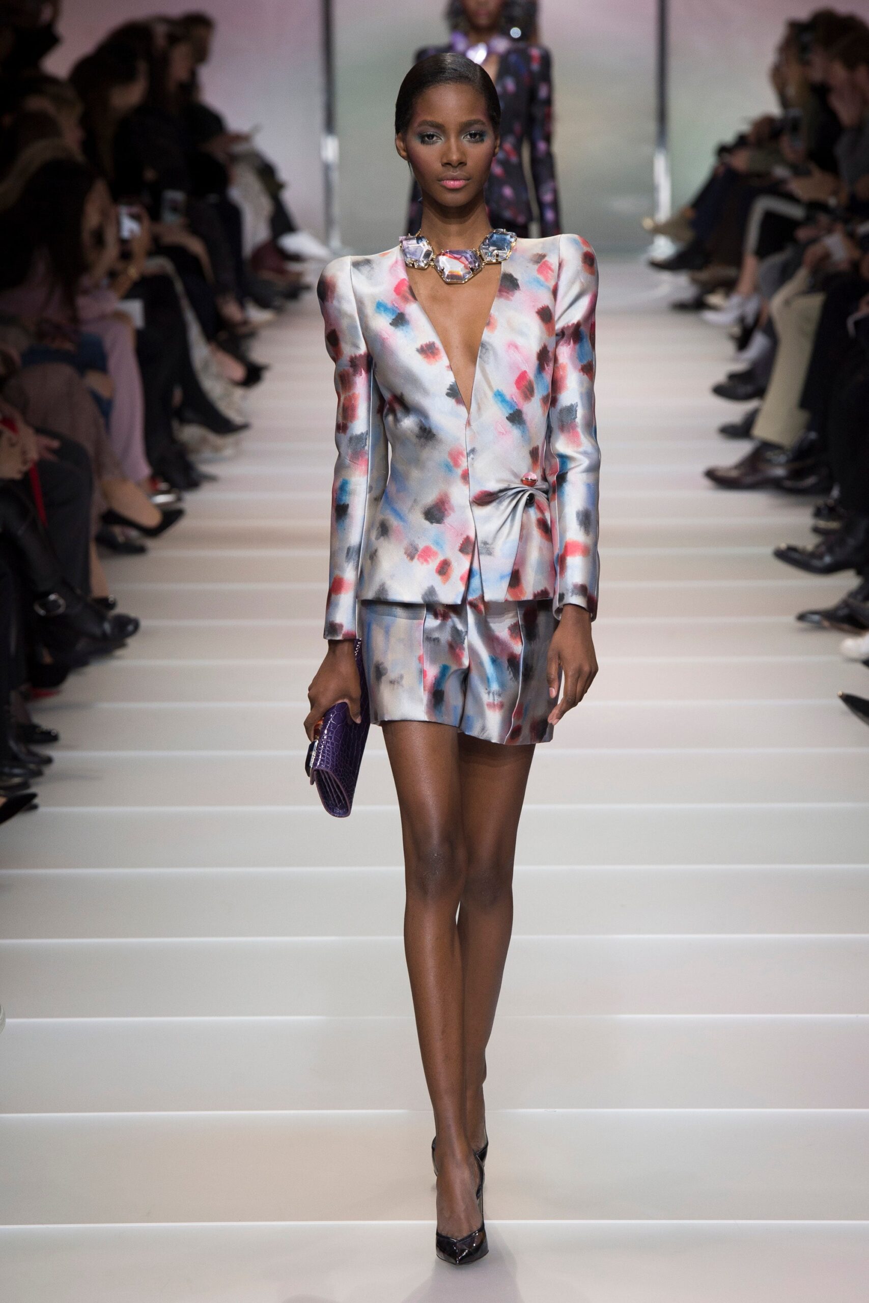 color-blocked silk blazer and mini skirt