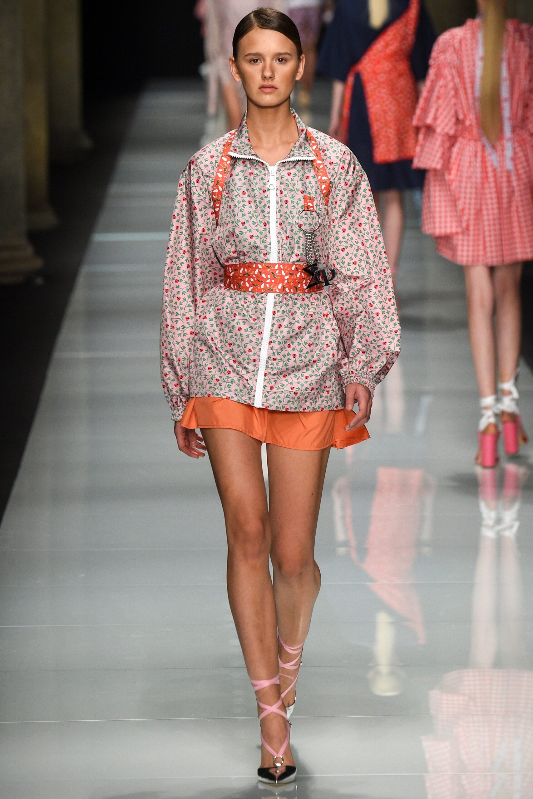 pink printed jacket with mini skirt